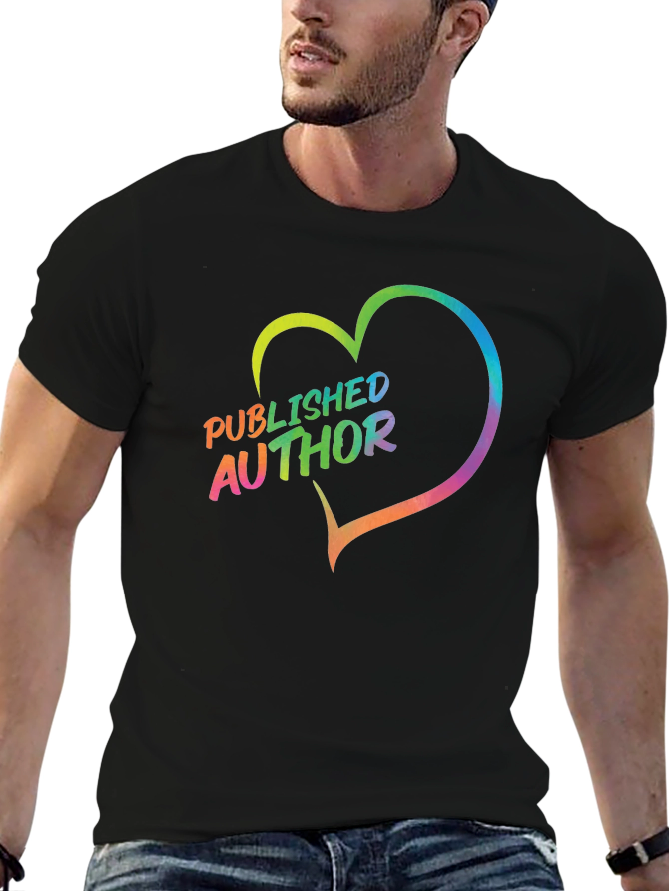 Black Published Author Rainbow Heart T-Shirt view 6