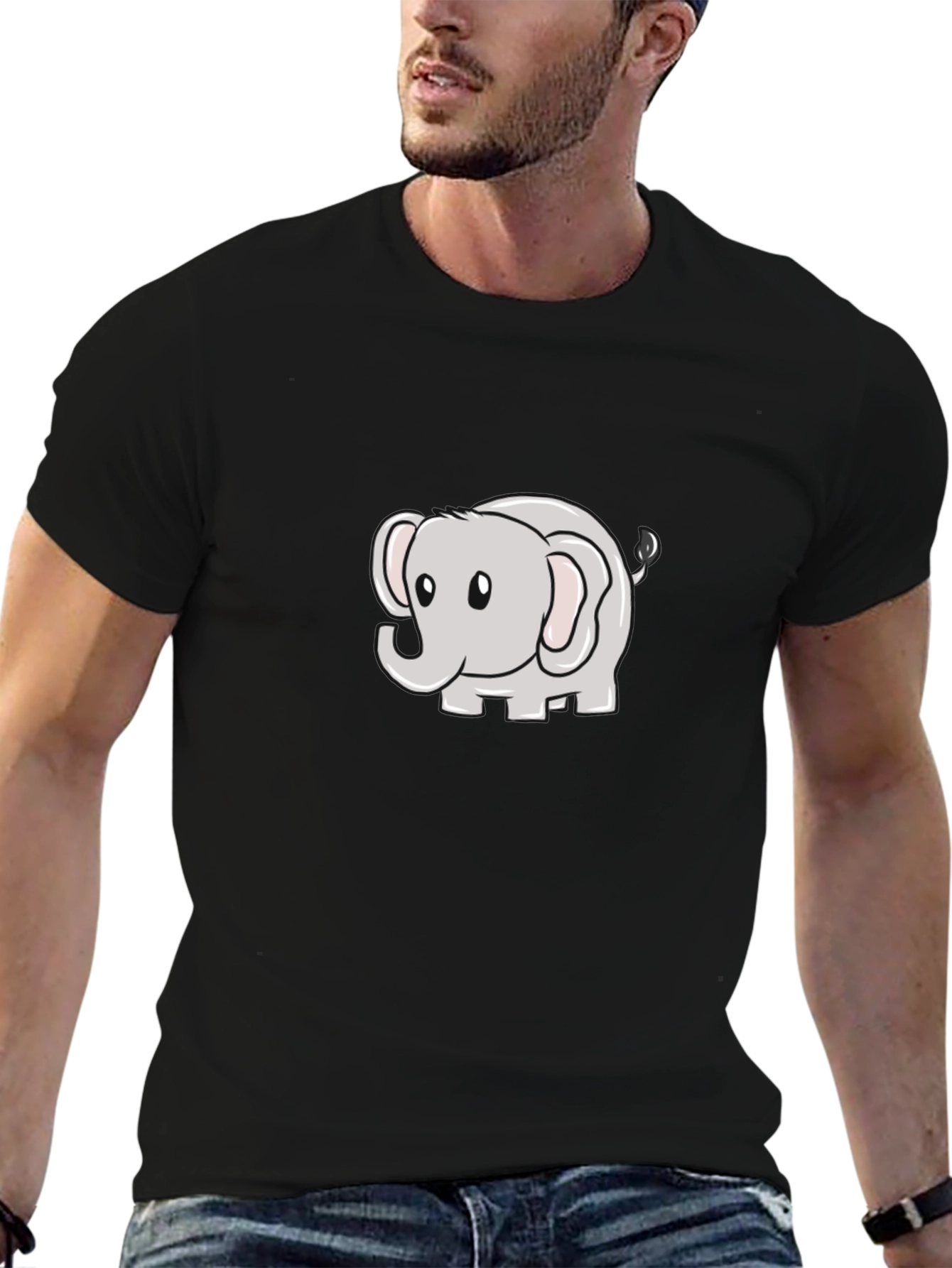 Black Cute Elephant Cartoon Black T-Shirt view 6