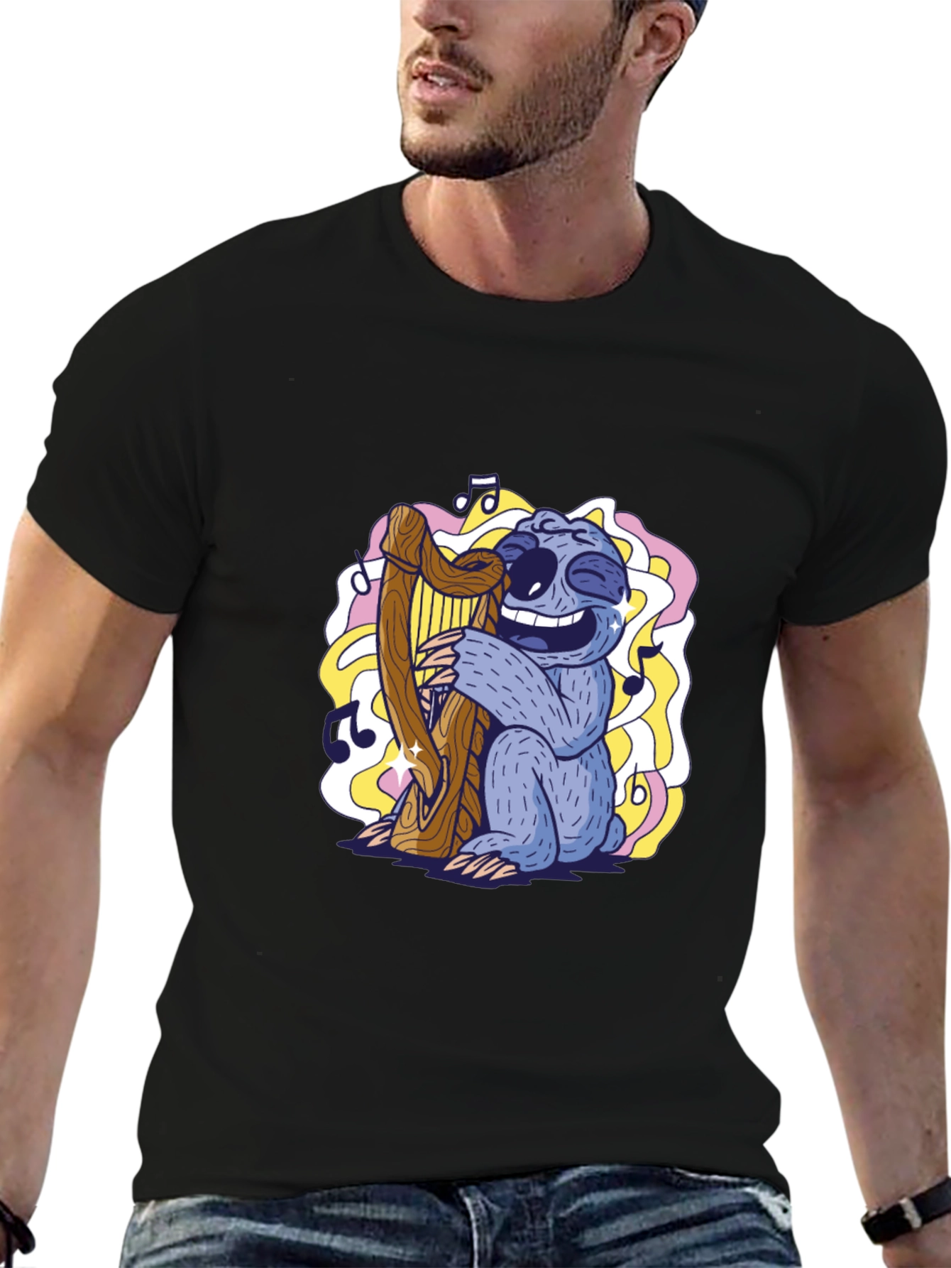 Black Sloth Harpist Graphic Tee - Fun Music Lover's Shirt view 6