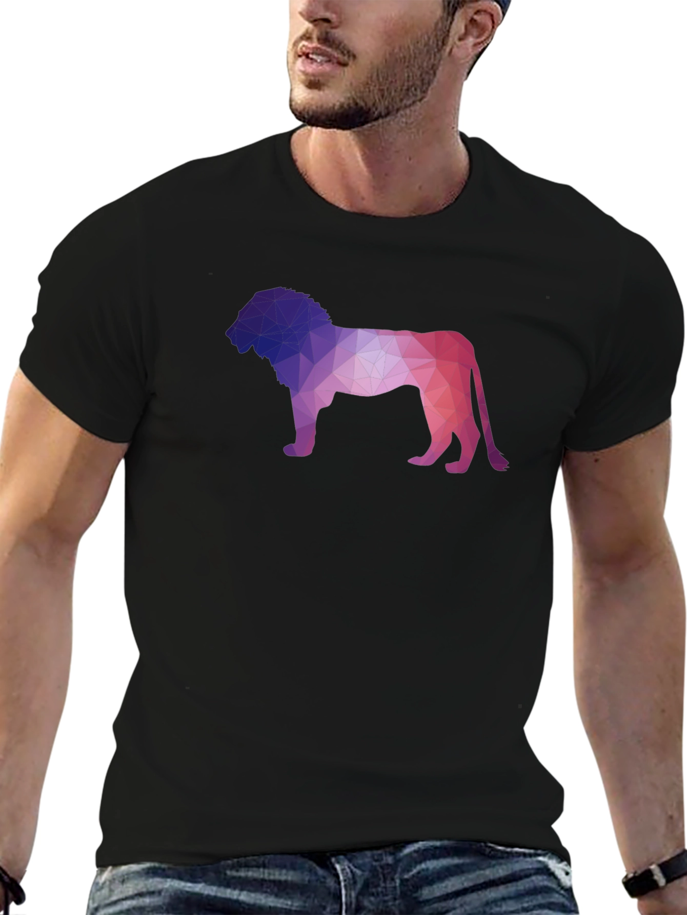 Black Geometric Lion Graphic Tee - Modern Crew Neck T-Shirt view 6
