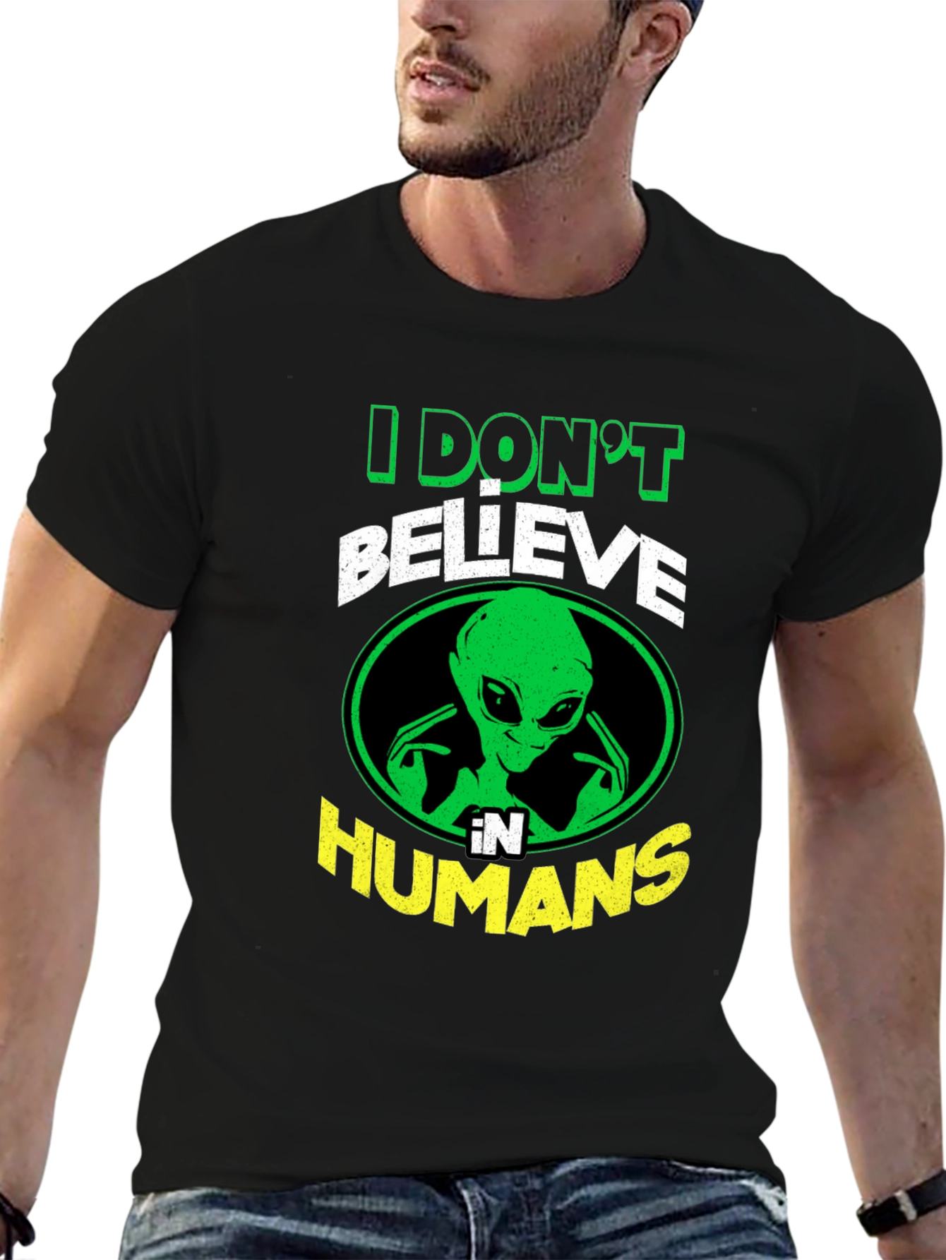 Black I Don't Believe in Humans Alien Graphic T-Shirt view 6
