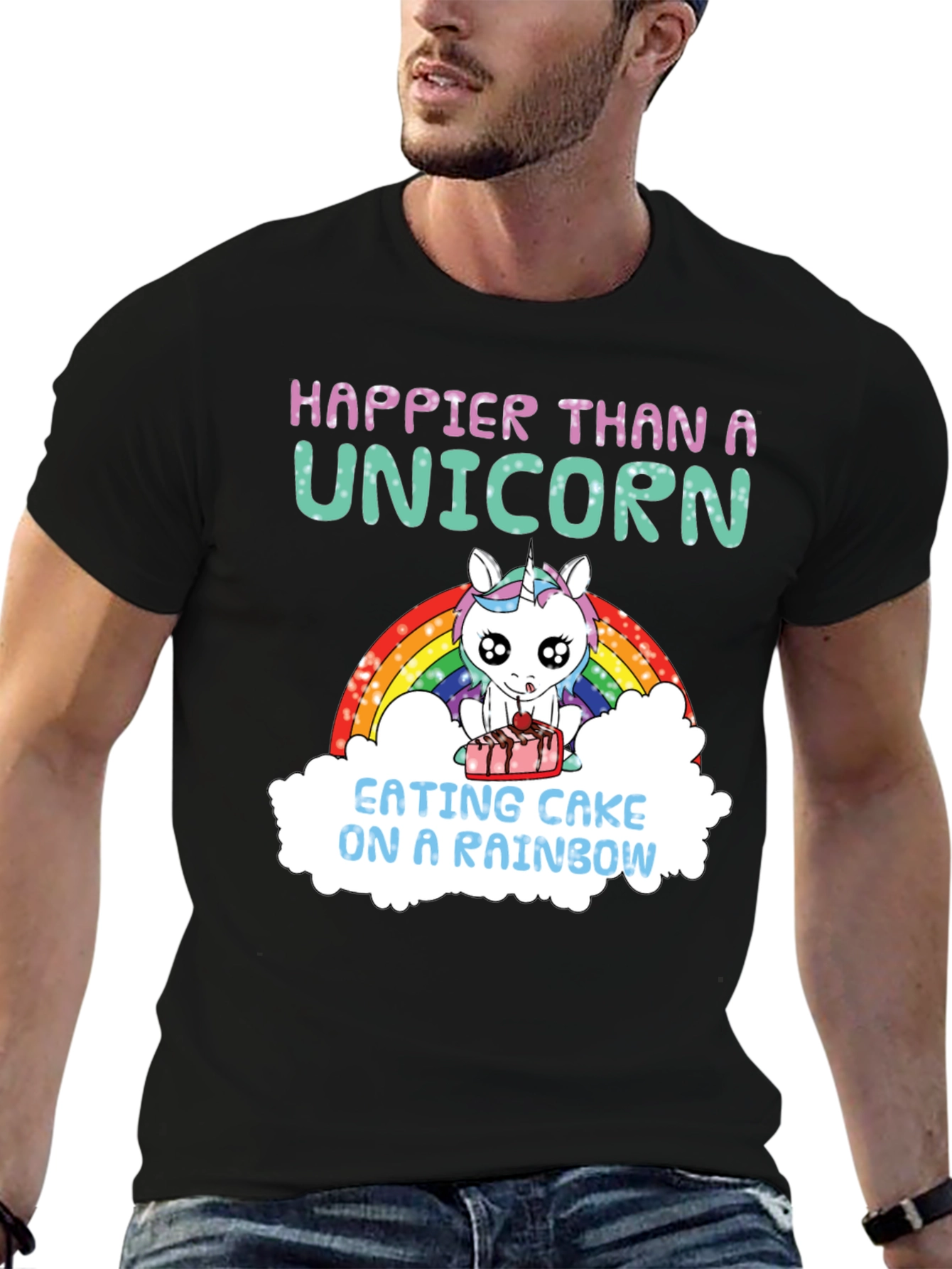 Black Happier Than A Unicorn Cake Rainbow T-Shirt view 6
