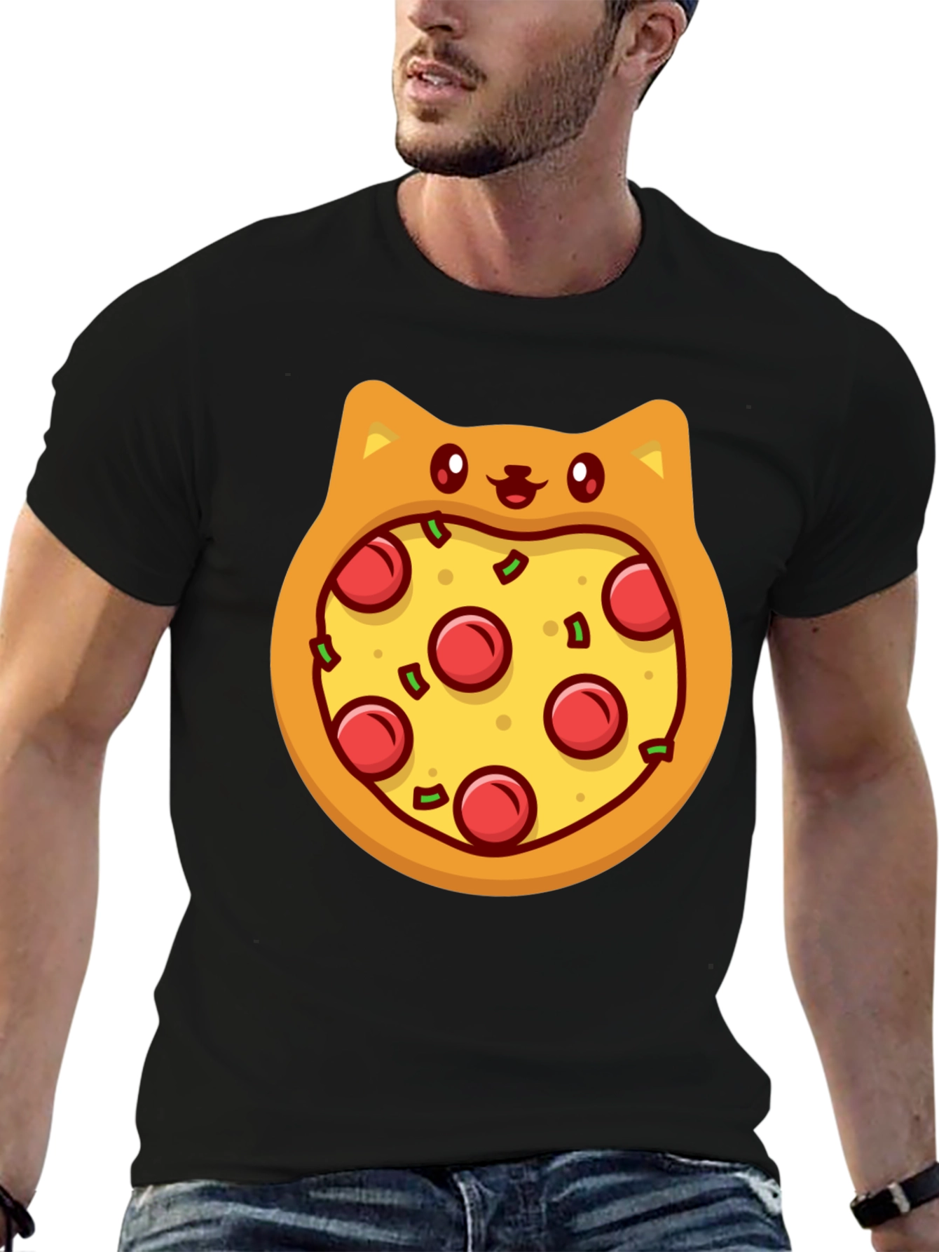 Black Pizza Cat T-Shirt - Novelty Graphic Tee view 6