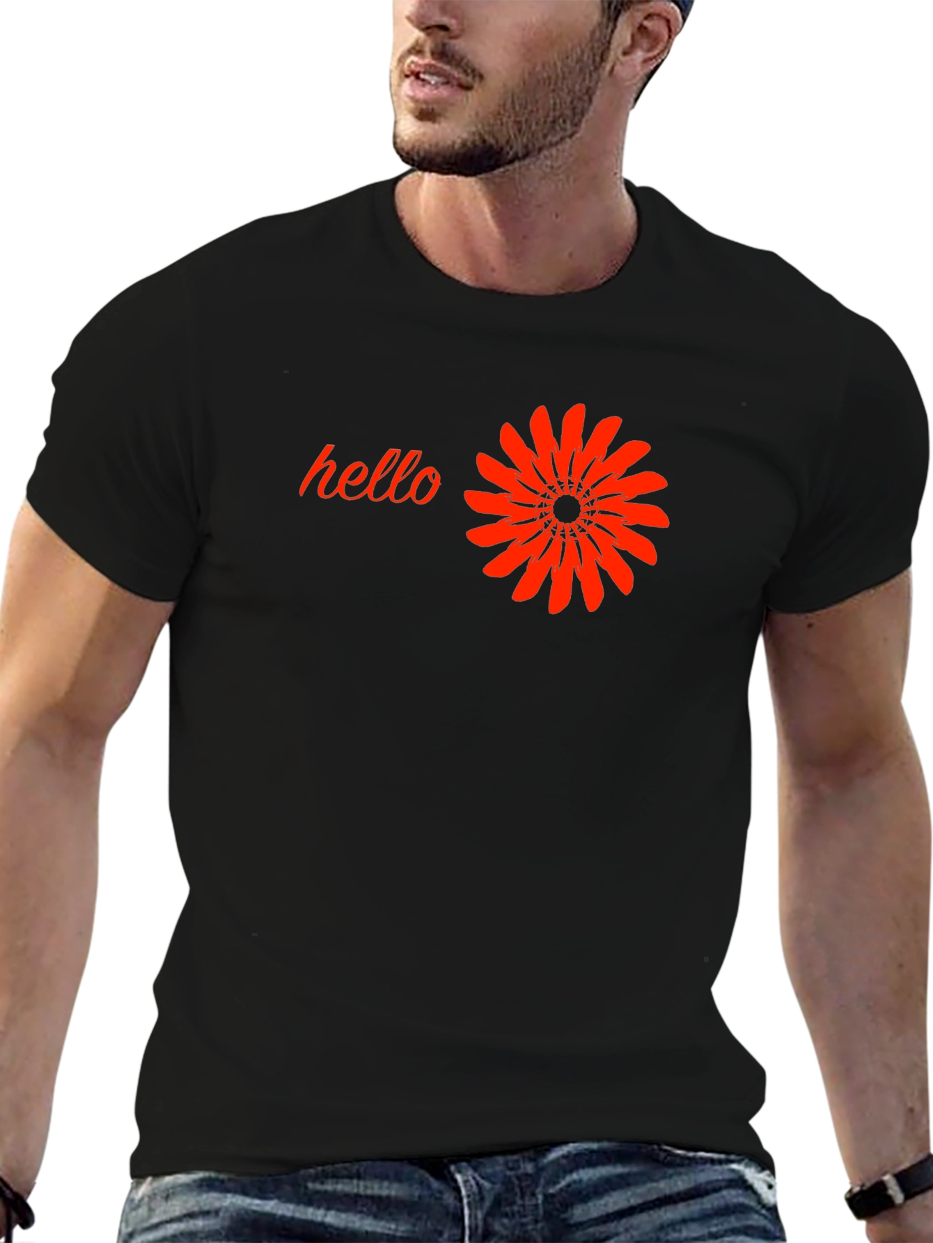 Black Black T-Shirt with 'Hello' and Flower Design view 6