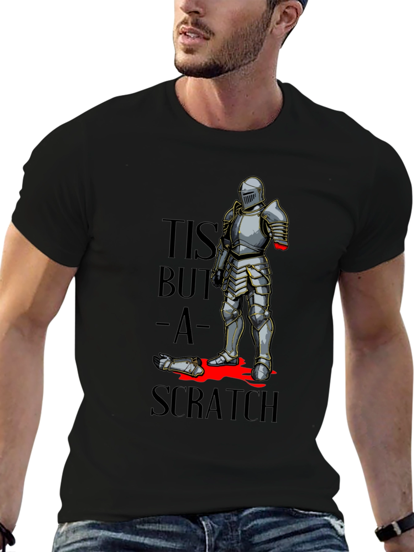 Black Tis But a Scratch T-Shirt - Funny Knight Humor Tee view 6