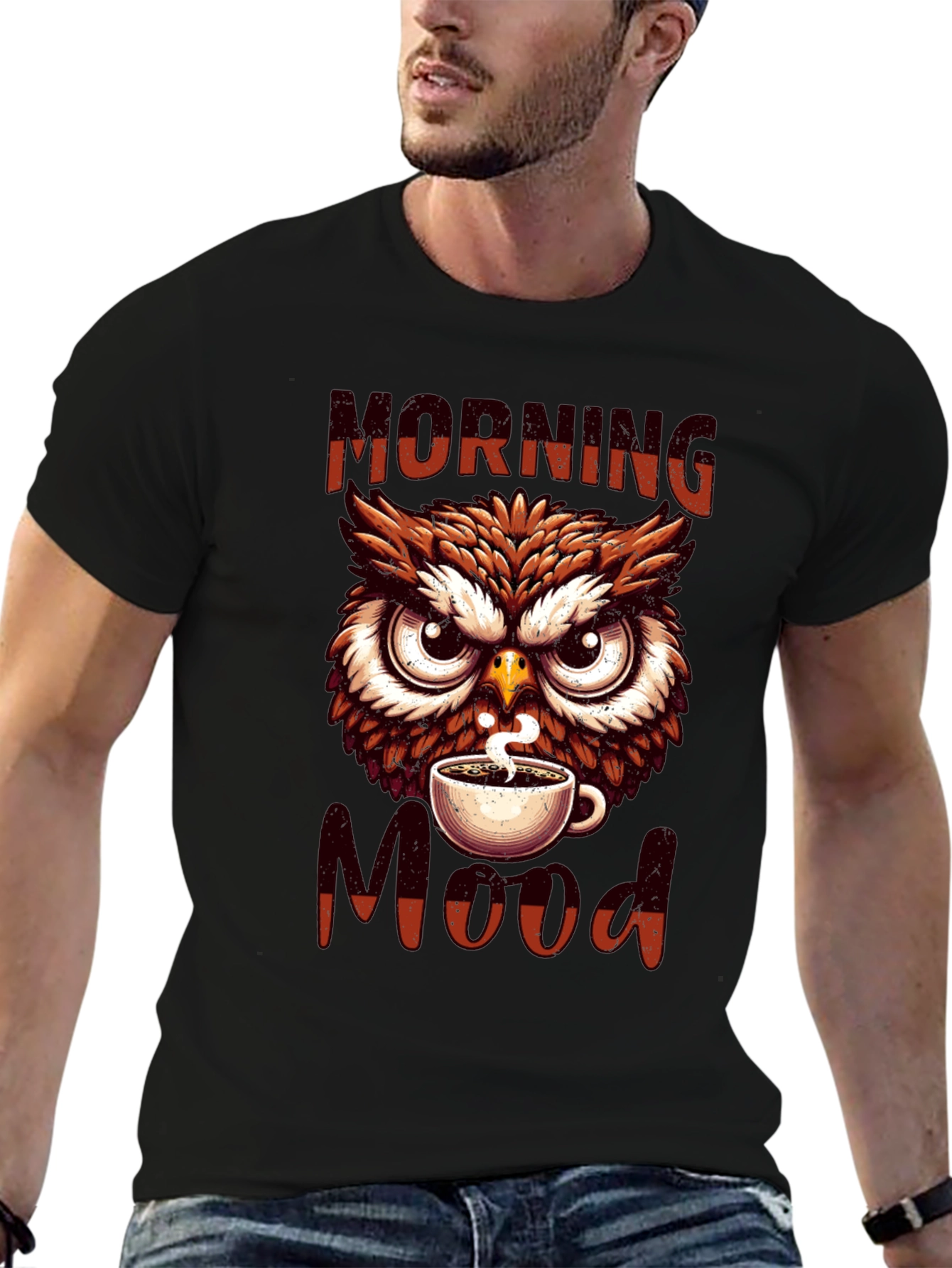 Black Morning Mood Owl T-Shirt - Coffee Lover Apparel view 6