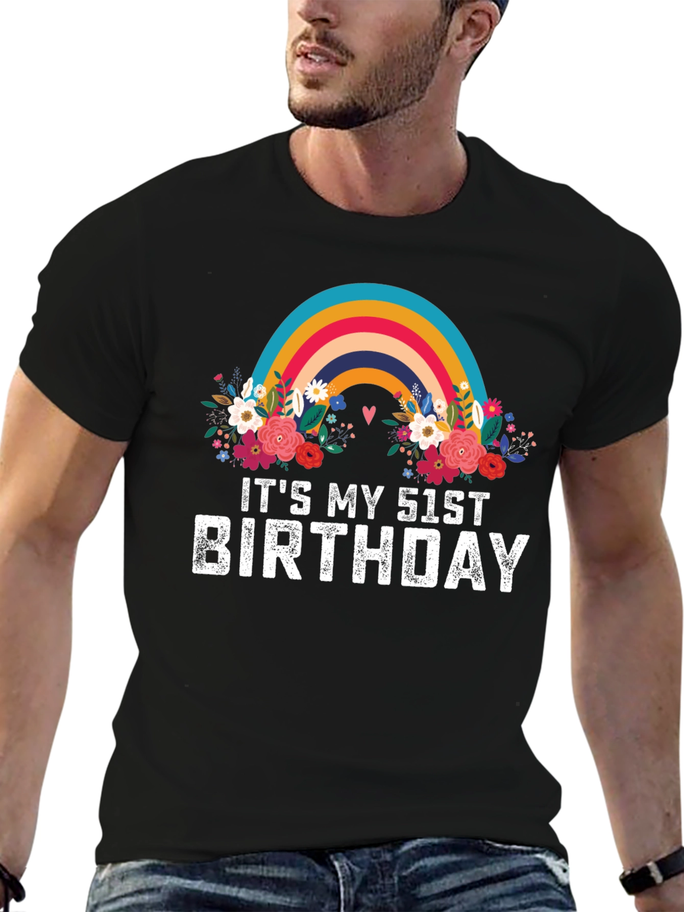 Black It's My 51st Birthday Rainbow Floral T-Shirt view 6