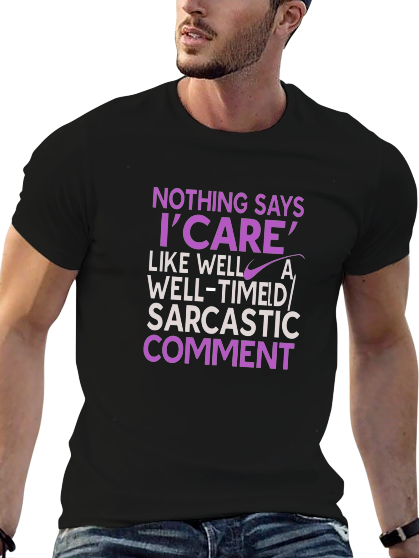 Black Sarcastic Humor T-Shirt - 'I Care' Statement Tee view 6