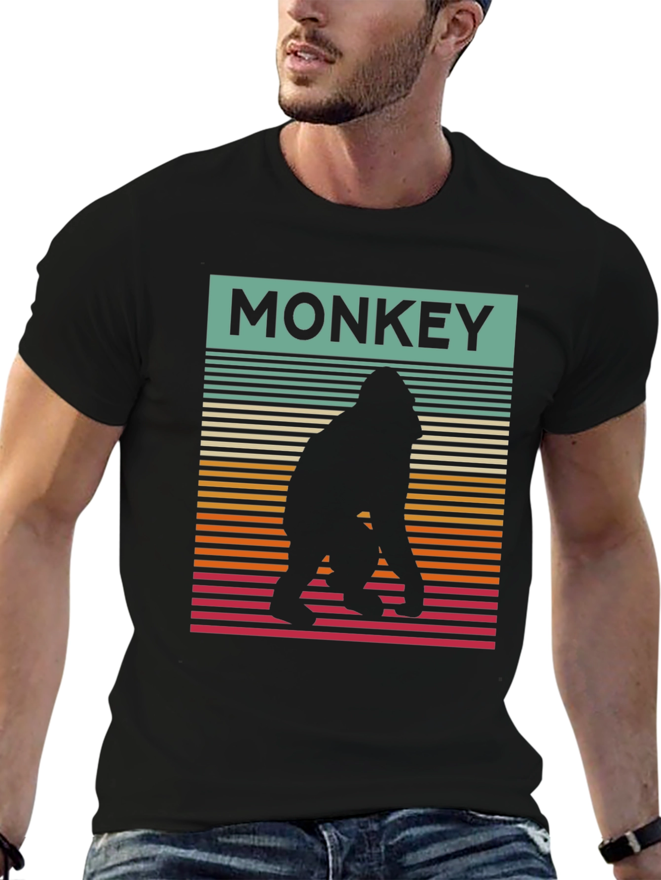 Black Retro Monkey Silhouette Graphic Tee - Cool Casual Wear view 6