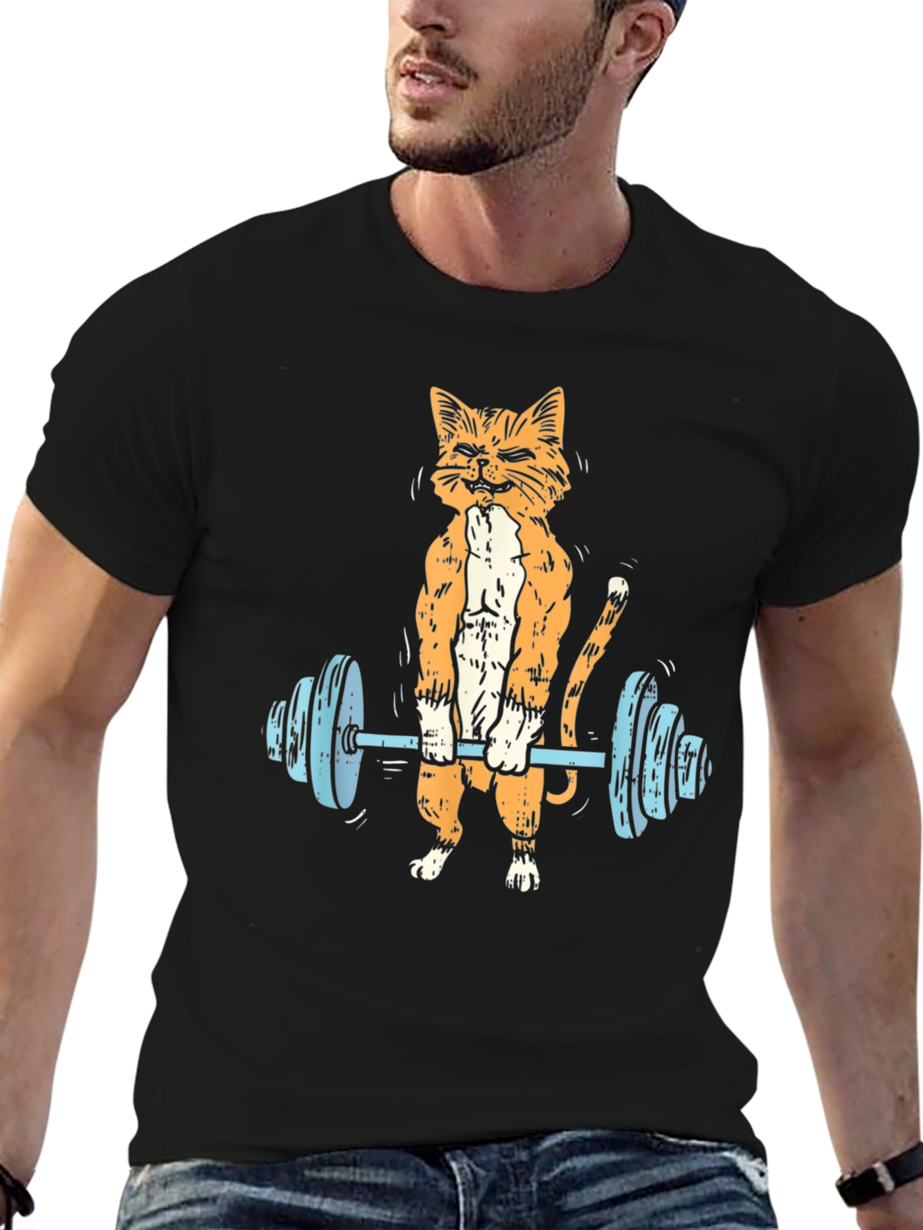 Black Weightlifting Cat Graphic Tee - Black view 6