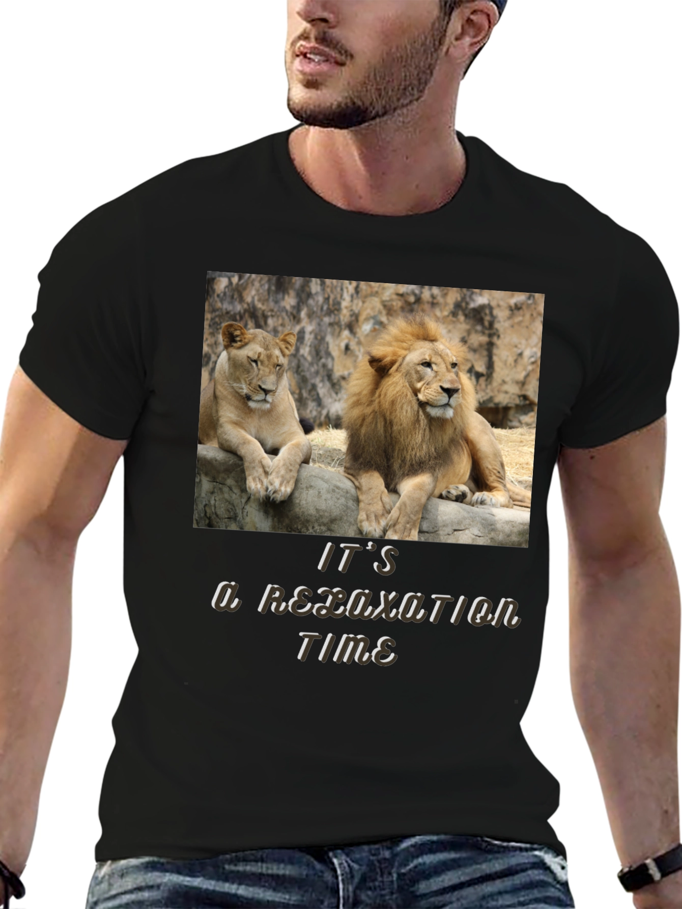 Black Relaxation Time Lion Couple Graphic T-Shirt view 6