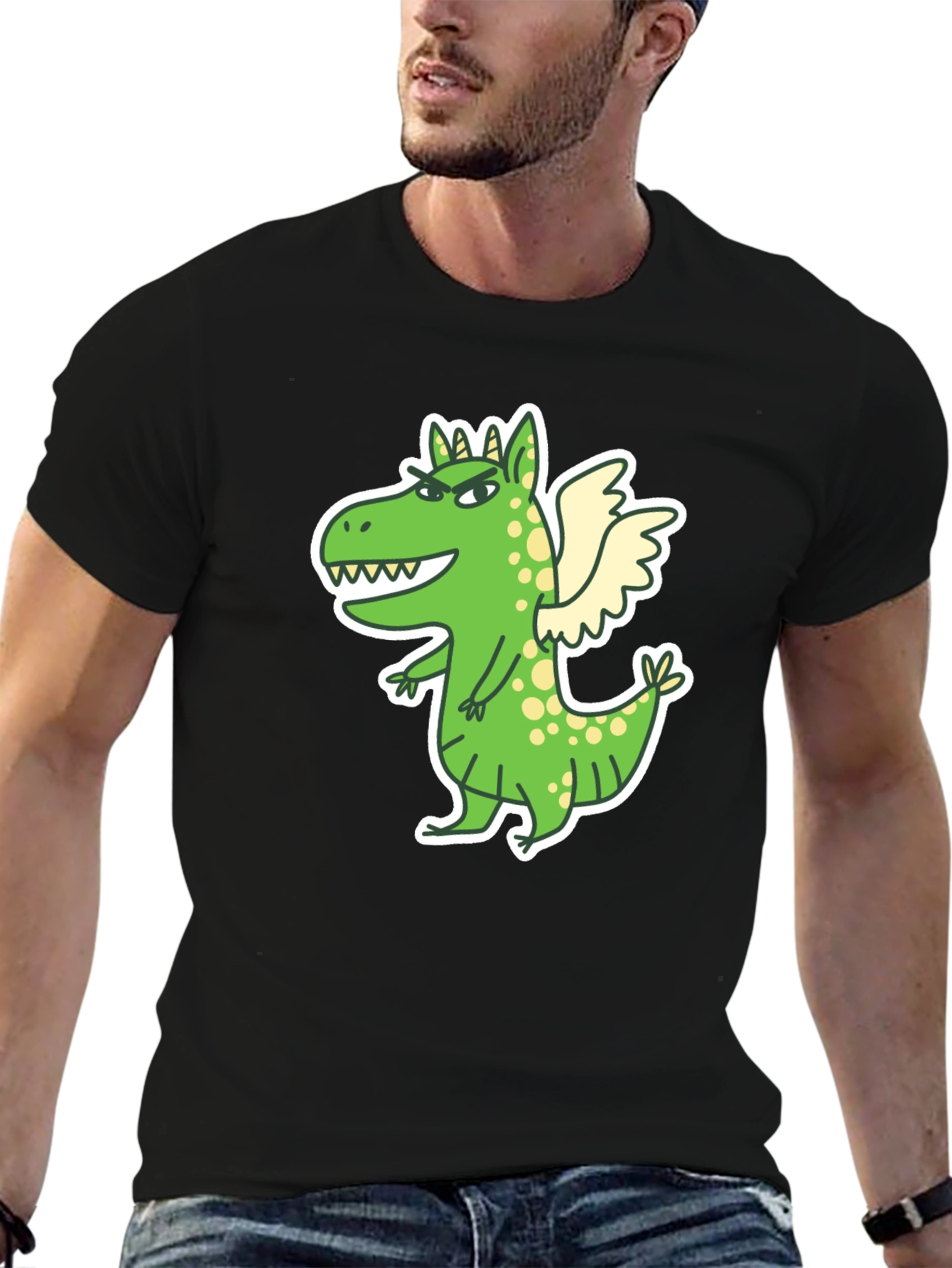Black Dragon Cartoon Print Black T-Shirt view 6