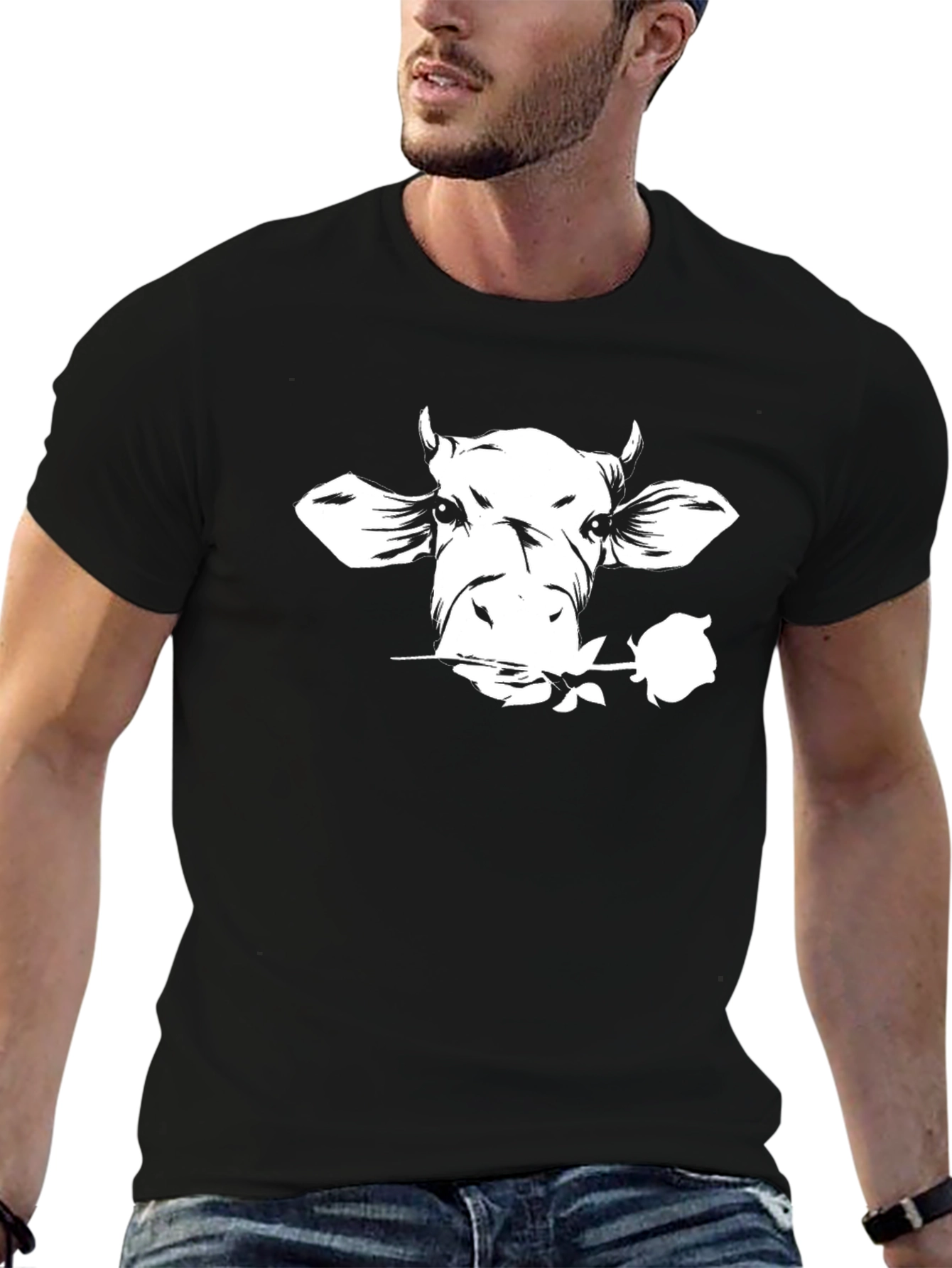 Black Cow with Rose Graphic Tee - Black Unisex T-Shirt view 6