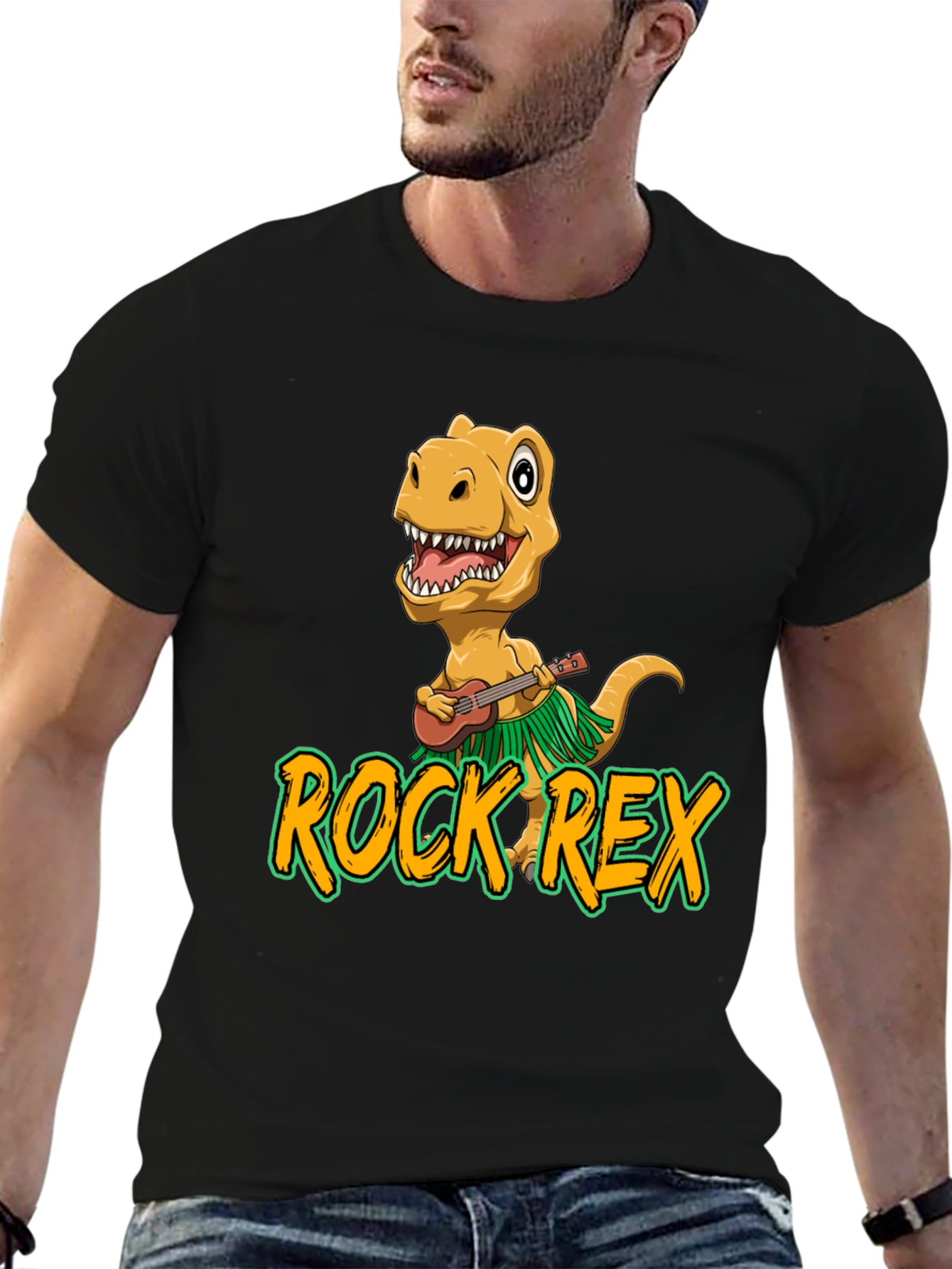 Black Rock Rex T-Shirt - Dinosaur Ukulele Design view 6