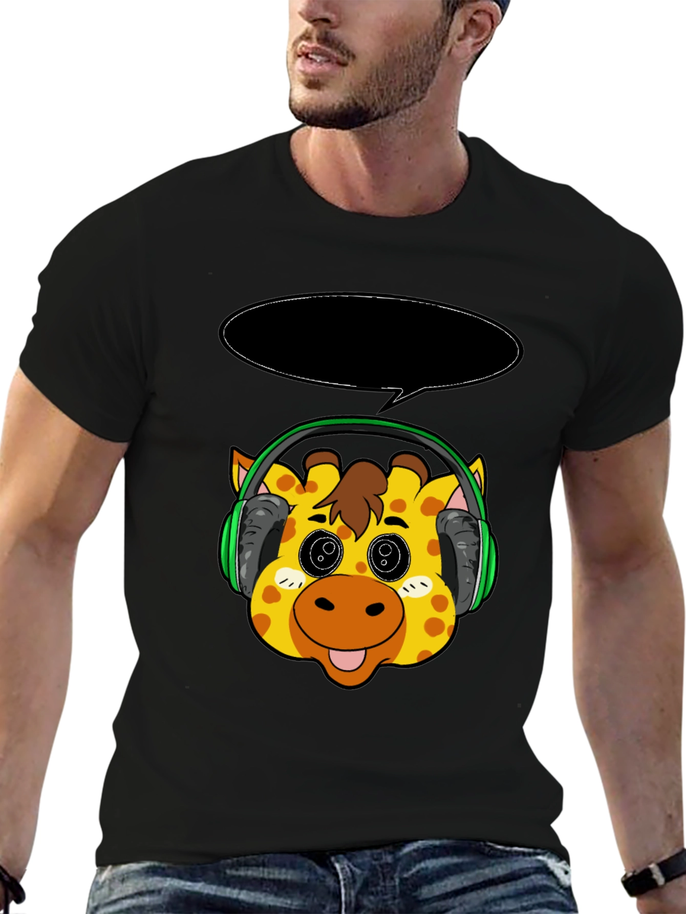 Black Giraffe Headphone T-Shirt - Cartoon Style view 6