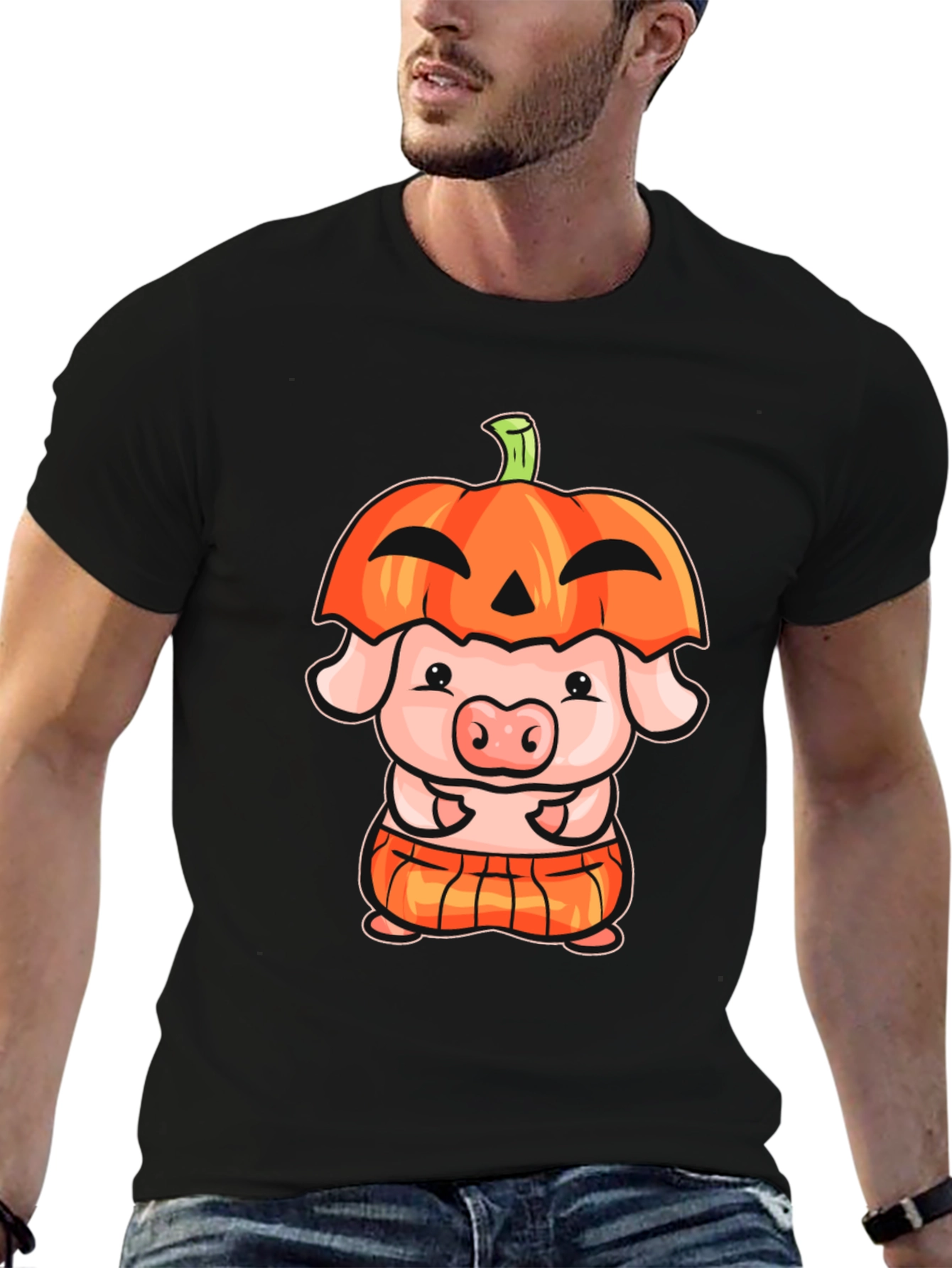 Black Cute Pig in Pumpkin Costume Graphic T-Shirt view 6