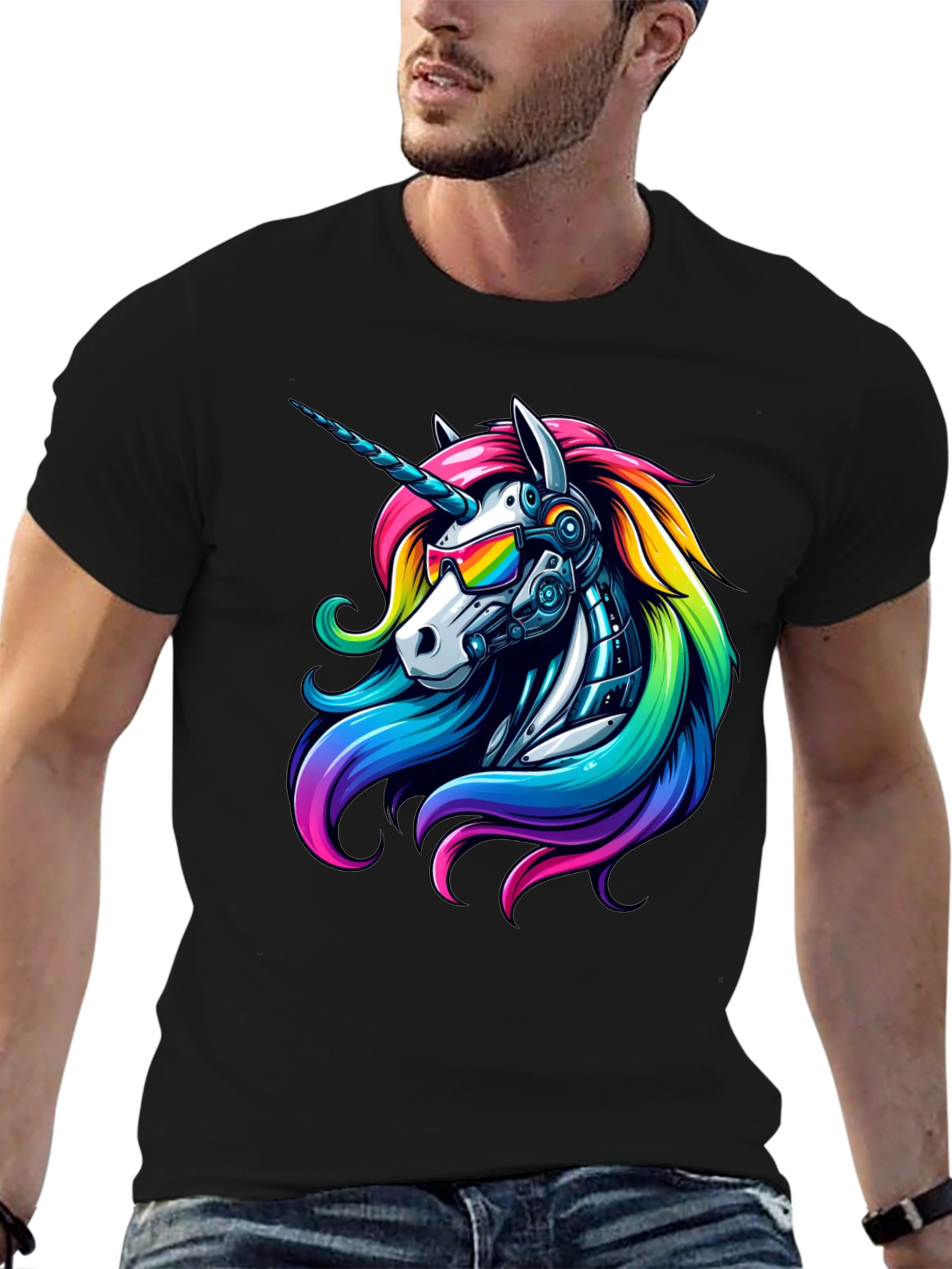 Black Cyberpunk Unicorn Graphic Tee view 6