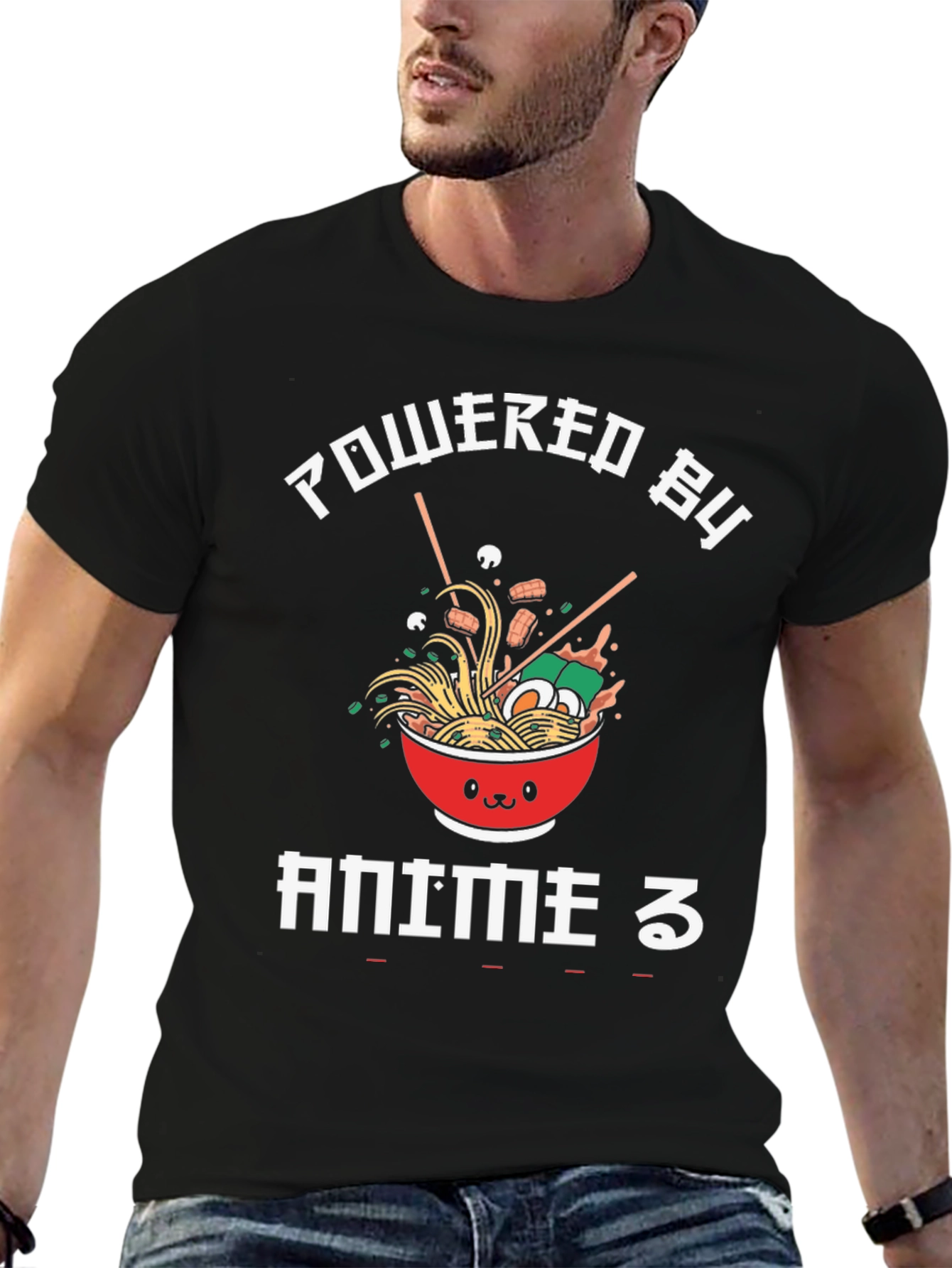 Black Powered by Anime T-Shirt - Ramen Bowl Design view 6