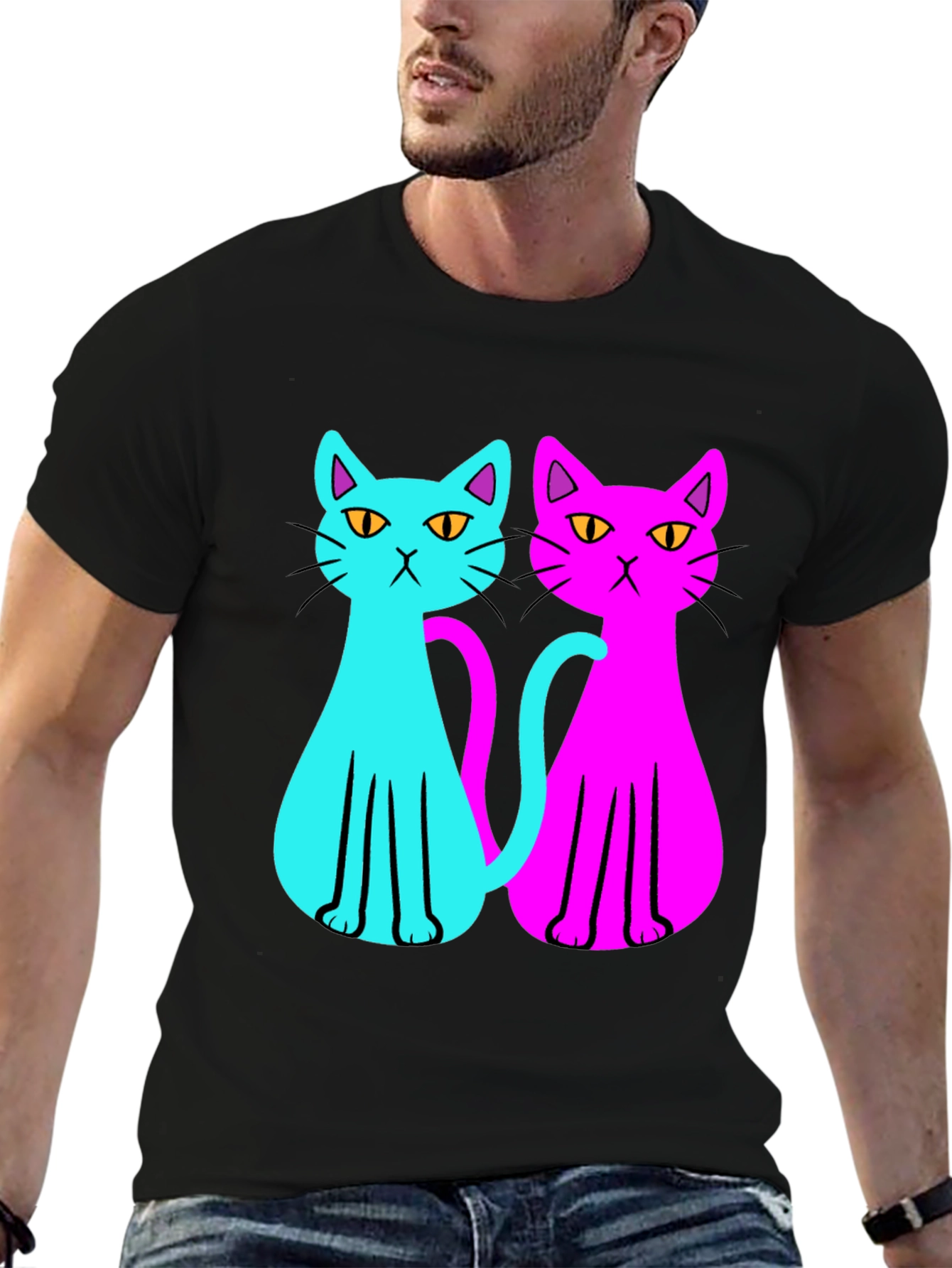 Black Cool Cat Tee: Neon Style view 6