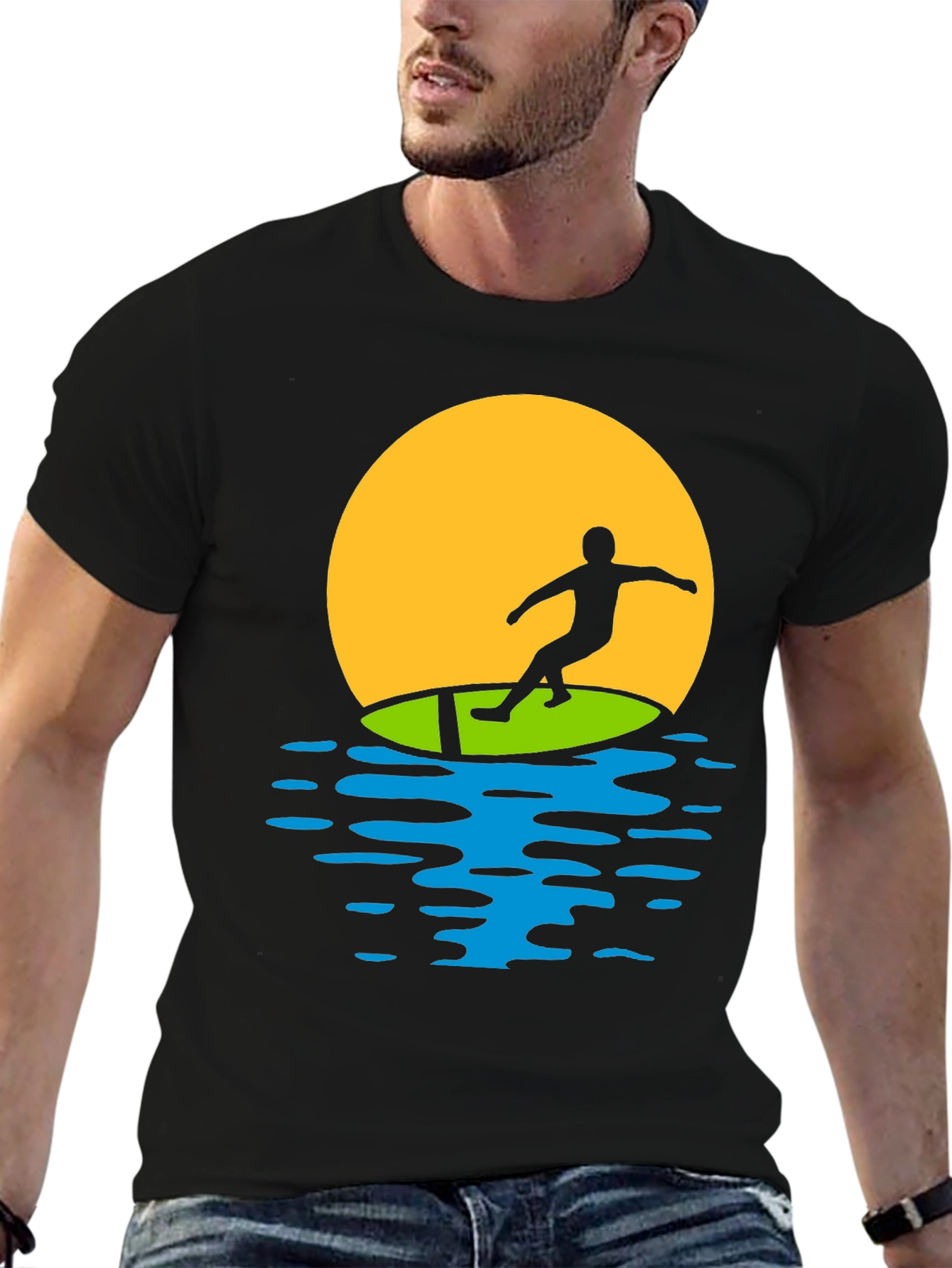 Black Surfer Sunset Graphic Tee - Black Cotton T-Shirt view 6