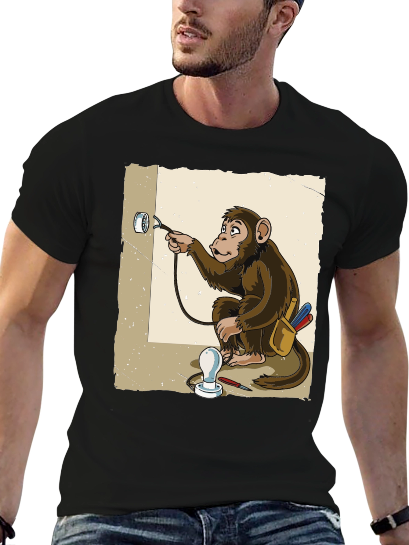 Black Electrician Monkey Graphic T-Shirt view 6