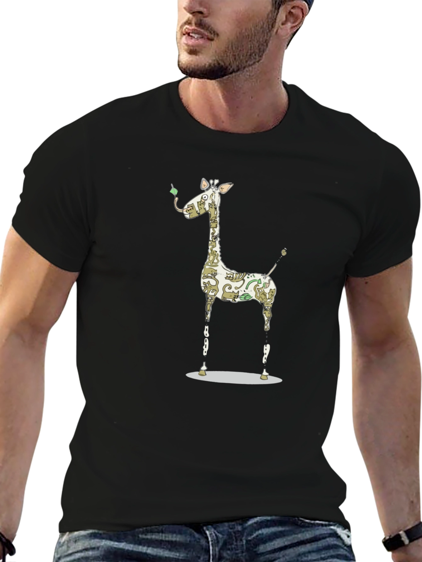 Black Giraffe Pattern T-Shirt, Unique Animal Print view 6