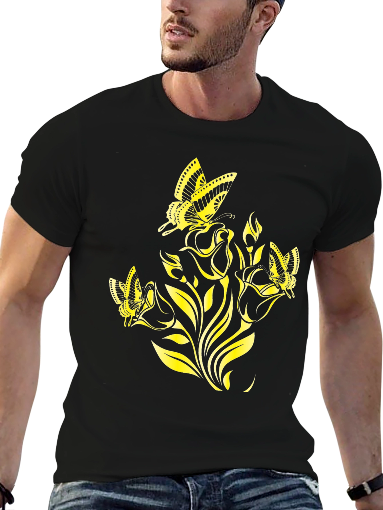 Black Butterfly Rose Graphic Tee - Stylish Black T-Shirt view 6