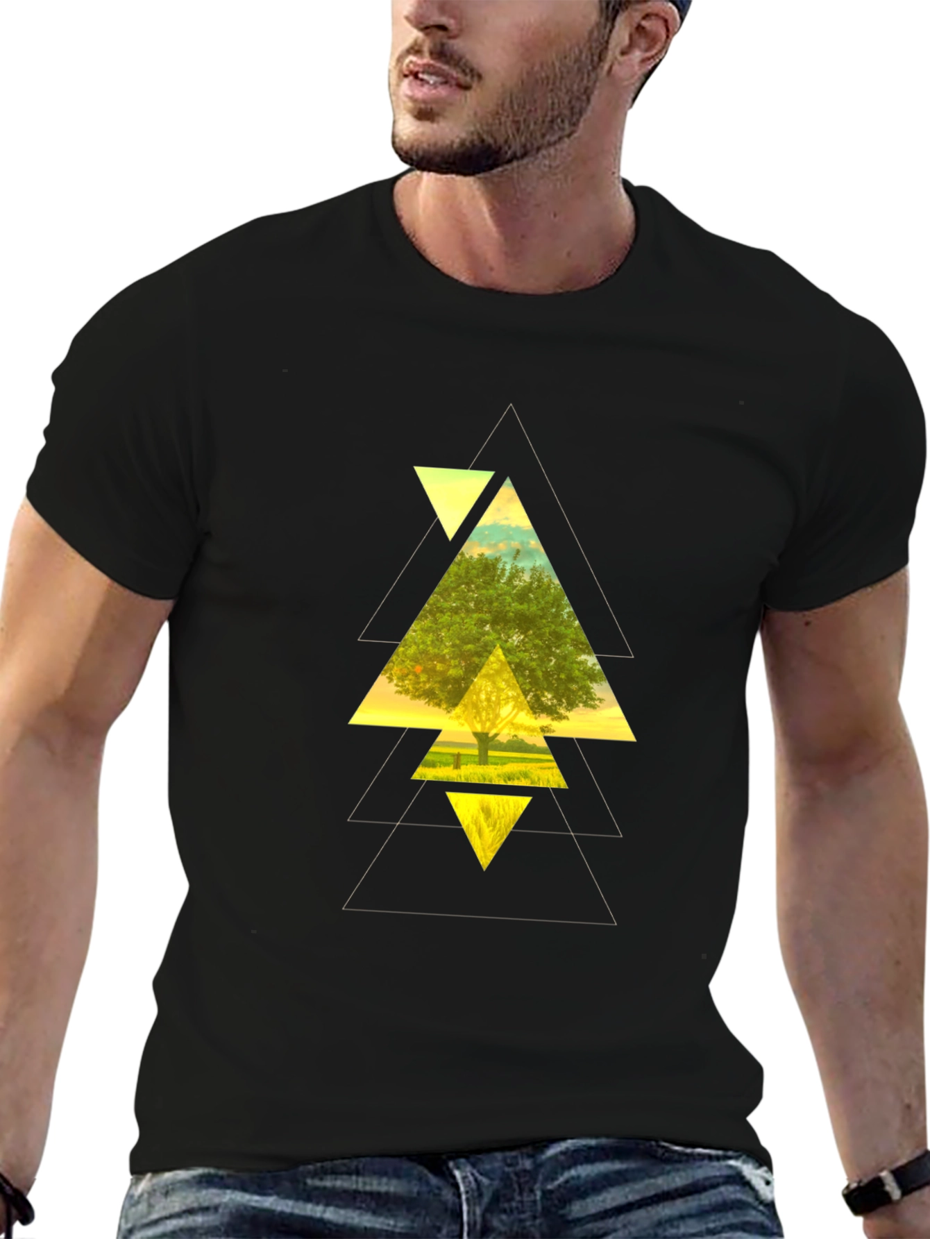 Black Geometric Tree Graphic Black T-Shirt view 6