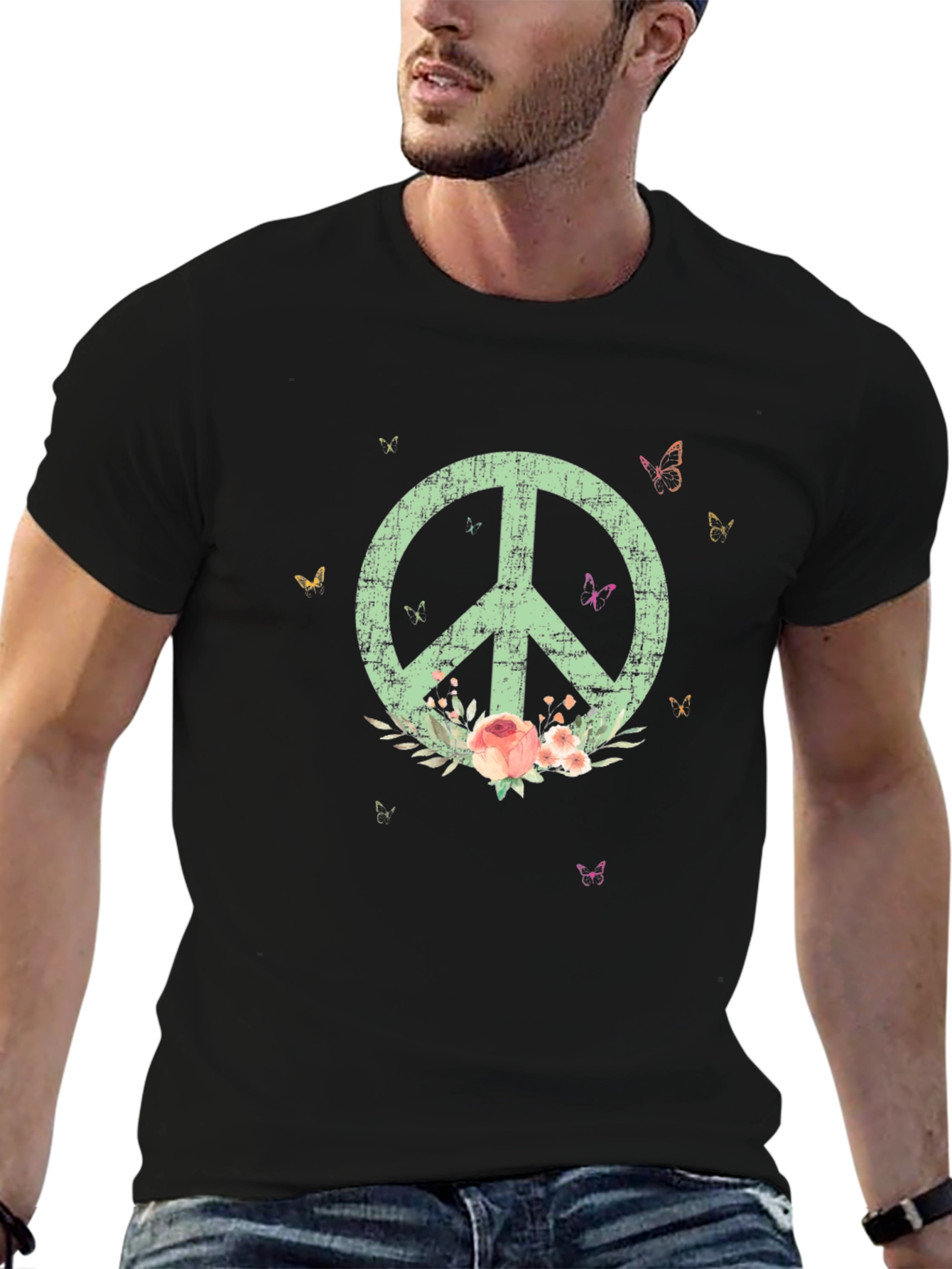 Black Peace Sign T-Shirt with Floral Accents - Stylish & Unique view 6