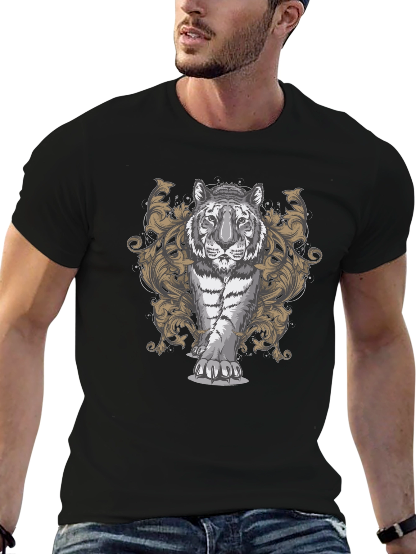 Black Tiger Graphic Print Men's Black T-Shirt view 6