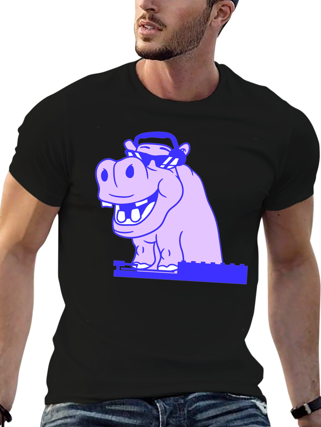 Black Cool Hippo Graphic Tee - Unisex Black T-Shirt view 6