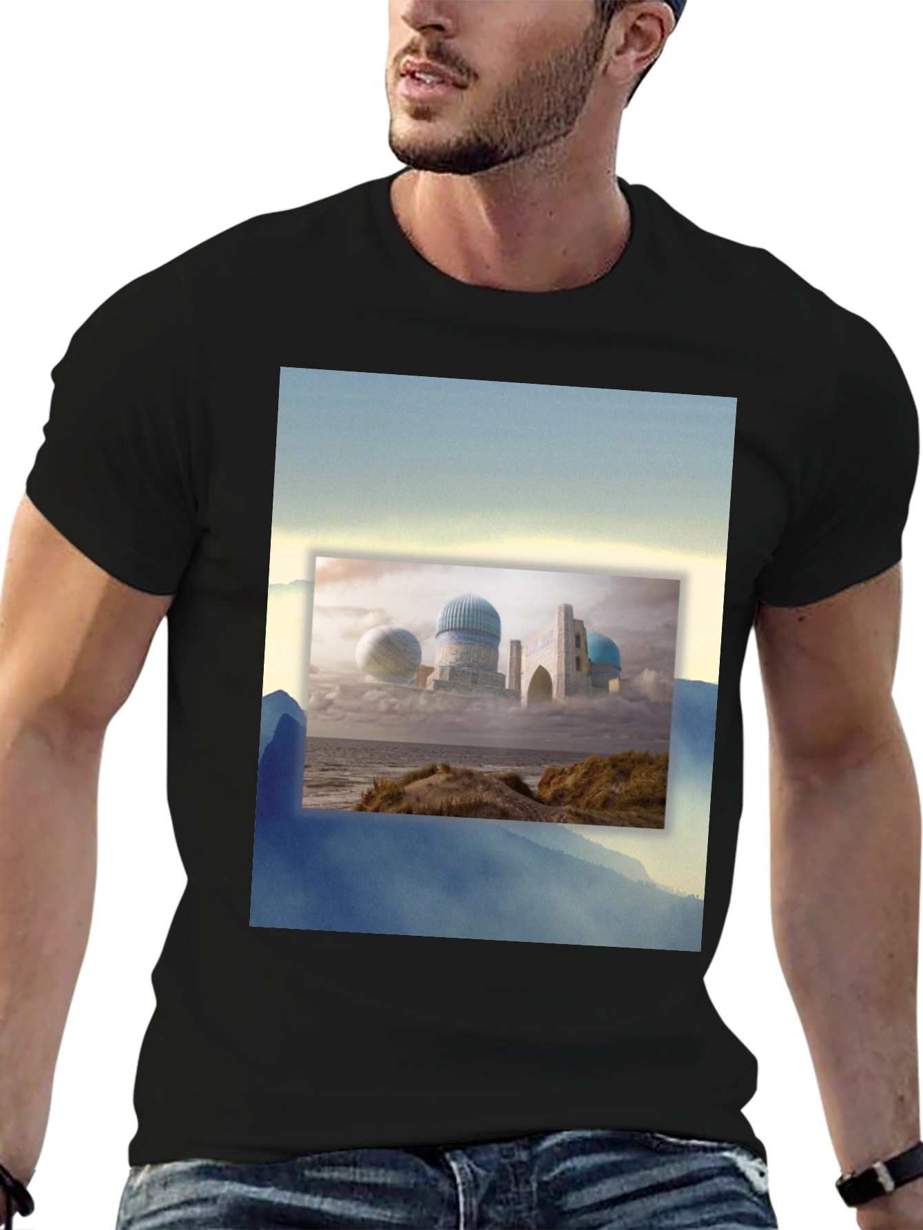 Black Dreamscape Tee: Unique Graphic Print, Soft Cotton Blend view 6