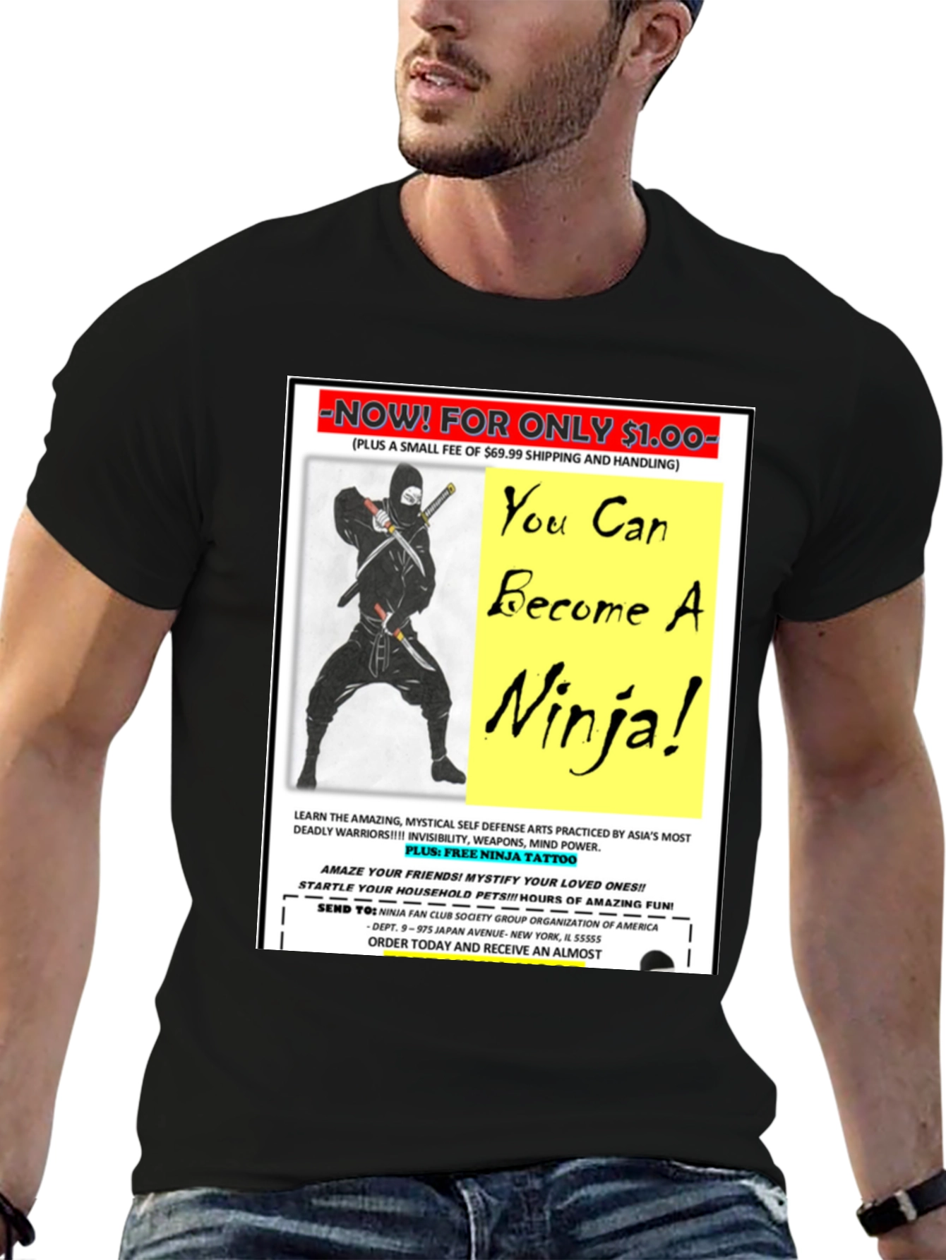 Black Become A Ninja! Novelty Graphic T-Shirt view 6