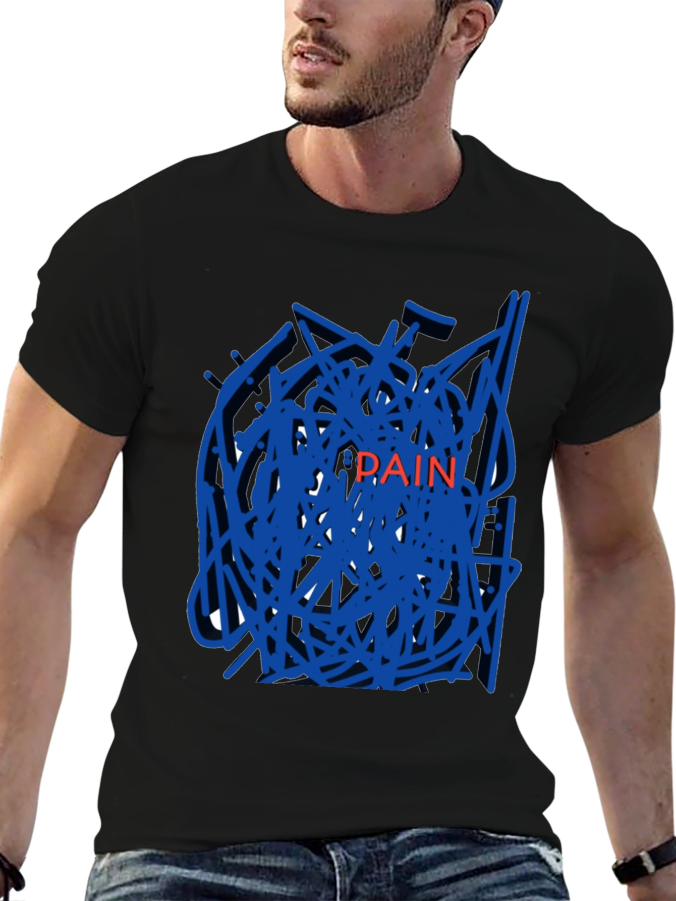 Black Edgy "Pain" Graphic Black T-Shirt view 6