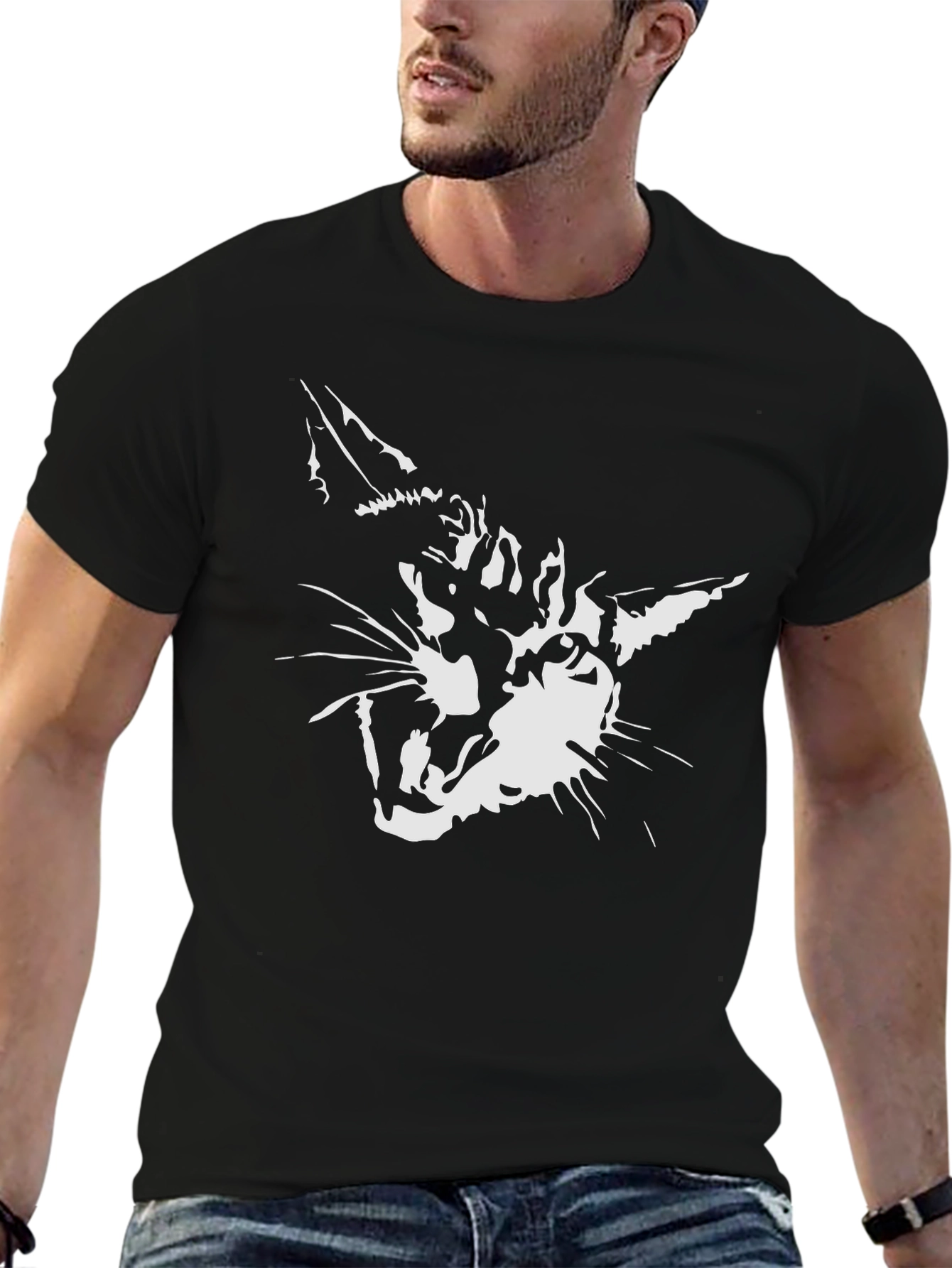 Black Cool Cat Graphic Print Men's Black T-Shirt view 6