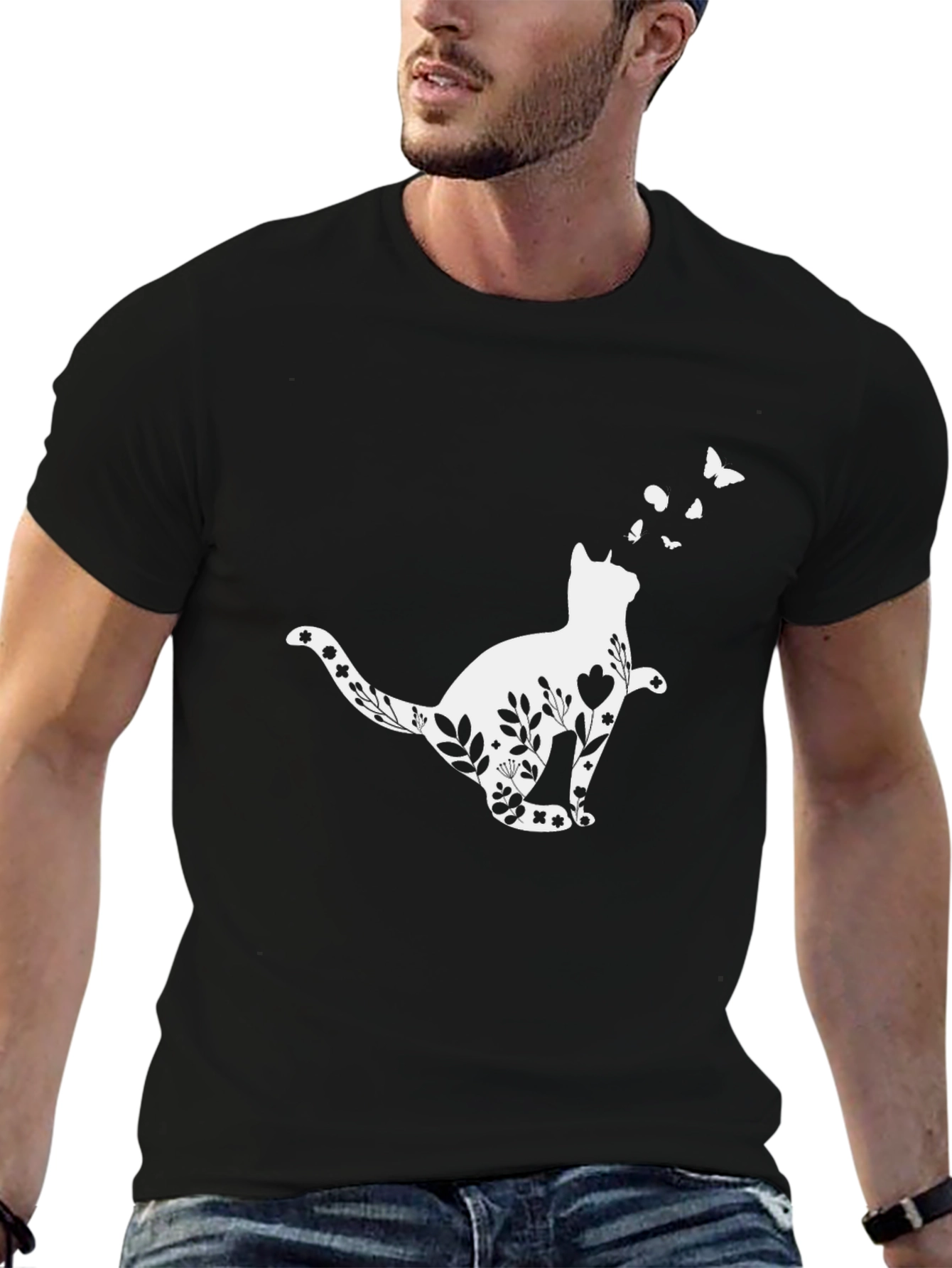 Black Floral Cat T-Shirt - Whimsical Black Tee view 6