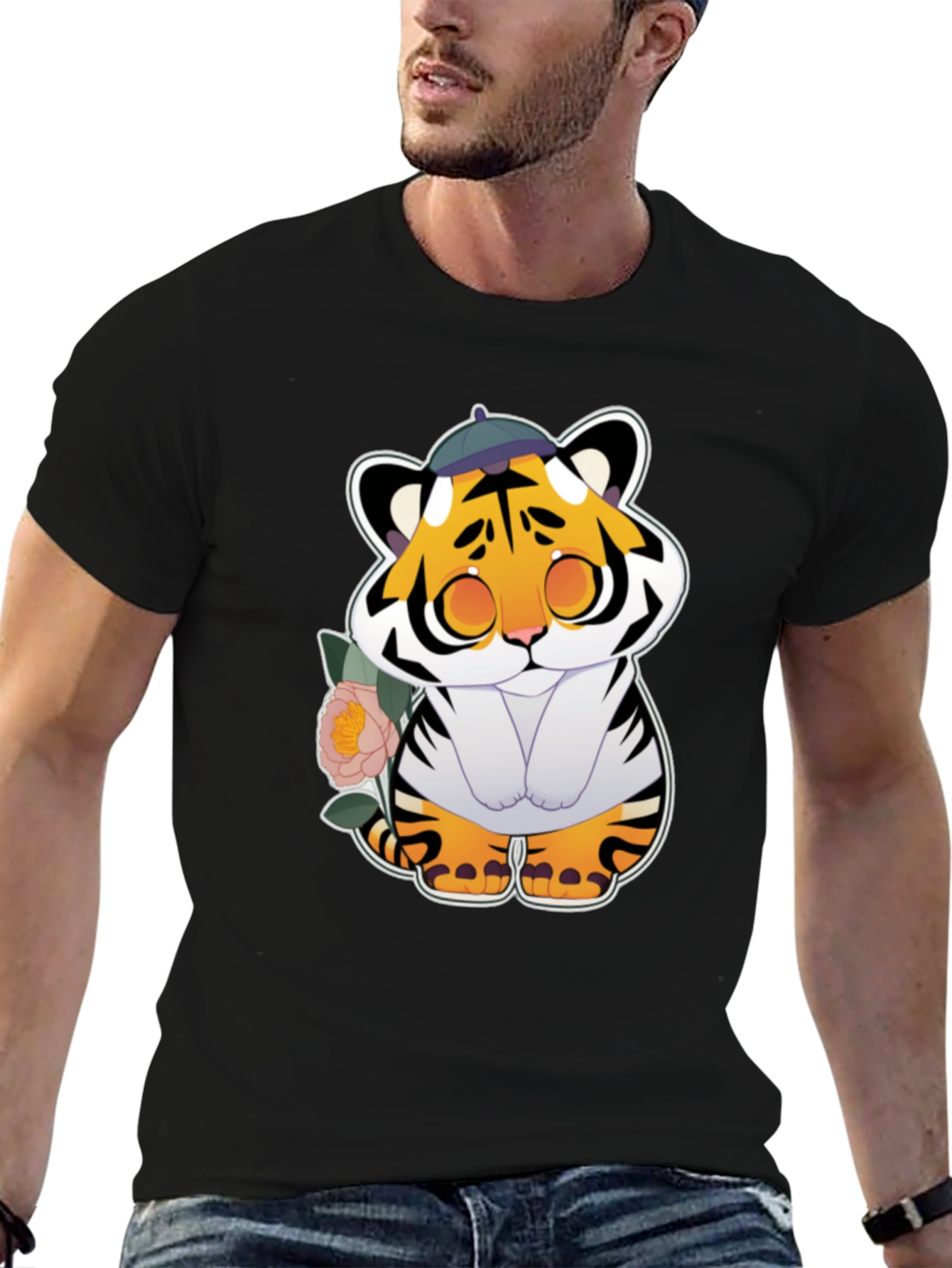Black Cute Tiger Graphic Tee - Unisex Black T-Shirt view 6
