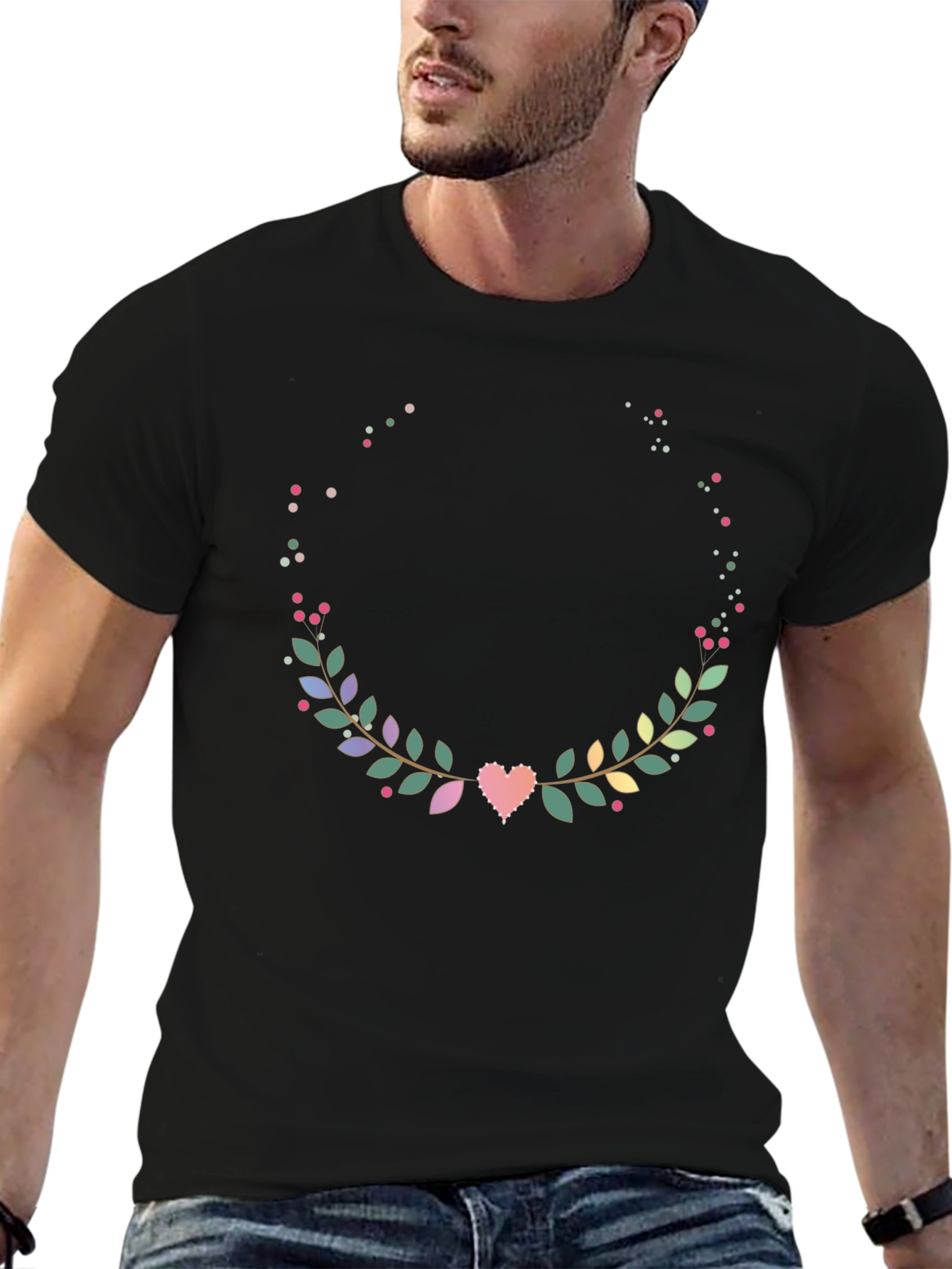 Black Floral Heart Wreath T-Shirt - Stylish Graphic Tee view 6