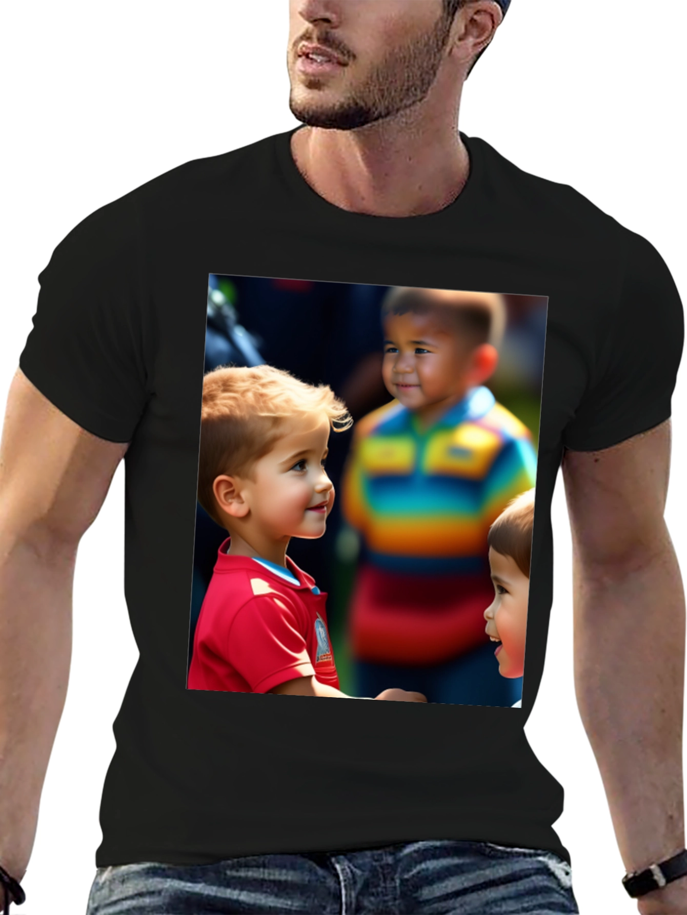 Black Unique T-Shirt with Adorable Children Print view 6