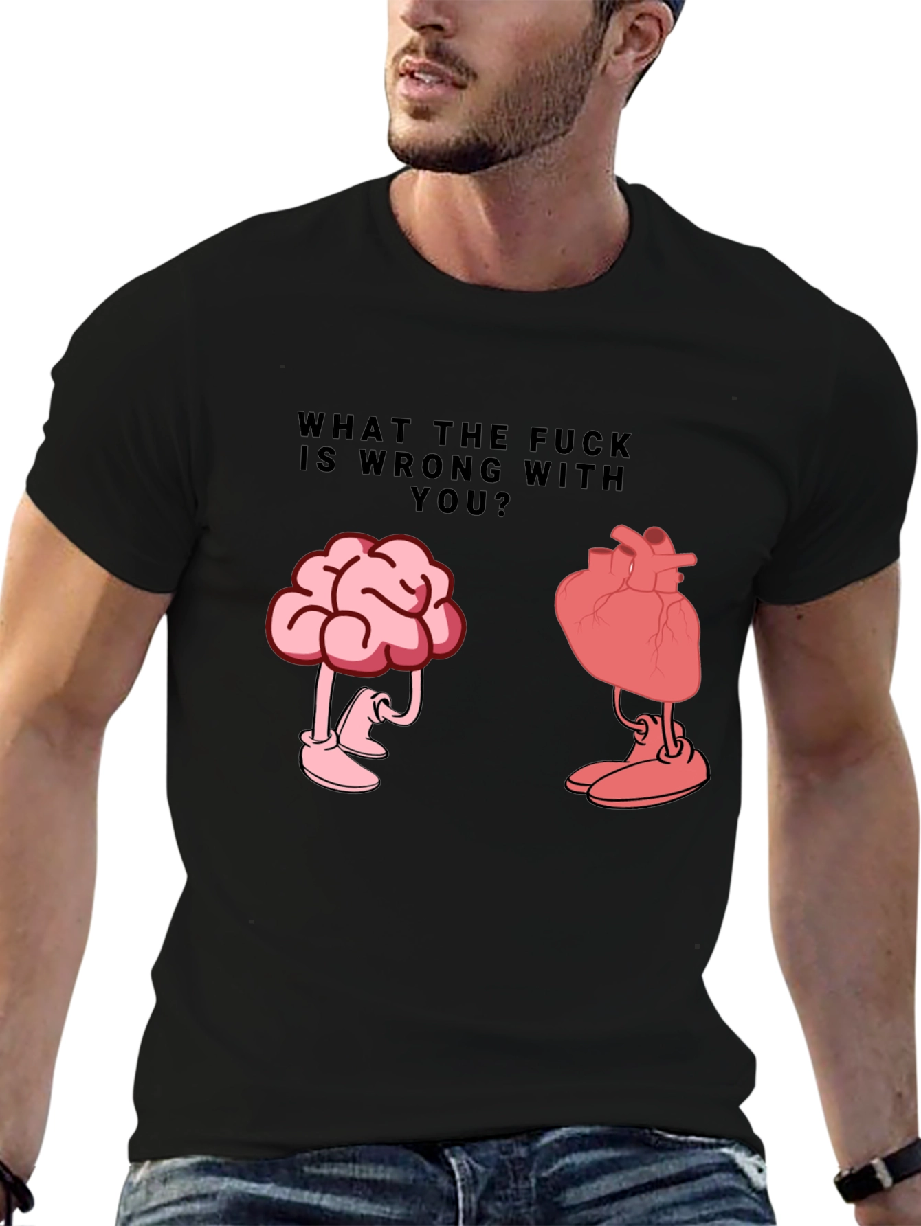 Black WTF Wrong With You Brain and Heart T-Shirt view 6