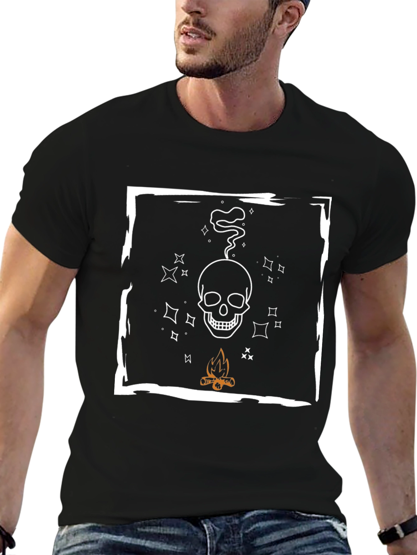 Black Skull & Campfire Graphic Tee - Cool Black T-Shirt view 6