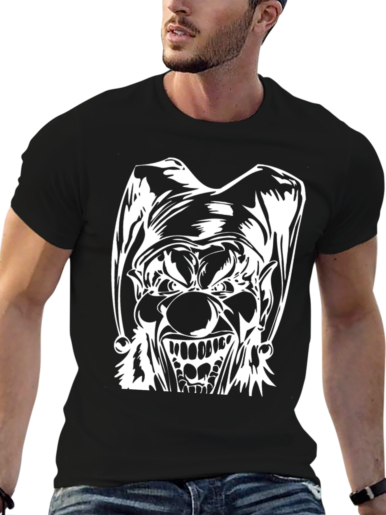 Black Men's Black T-Shirt with Evil Clown Graphic view 6