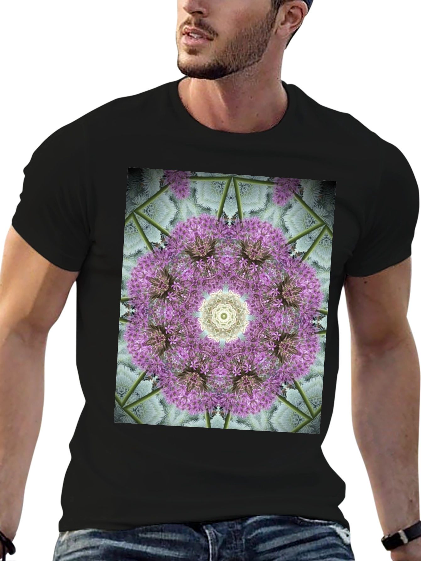 Black Floral Mandala Graphic Black T-Shirt view 6