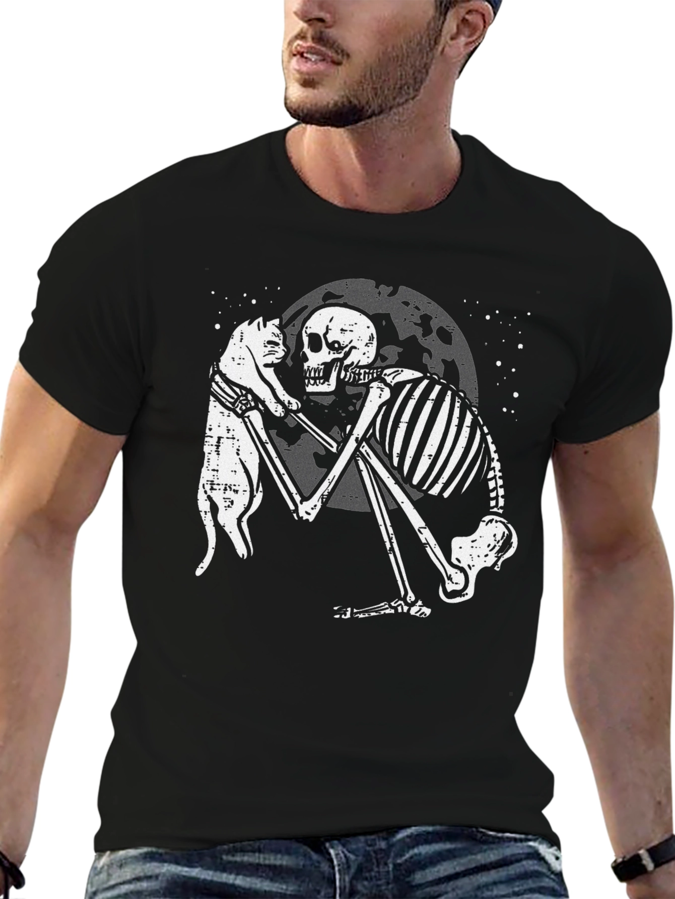 Black Skeleton and Cat Graphic T-Shirt - Dark Humor Tee view 6