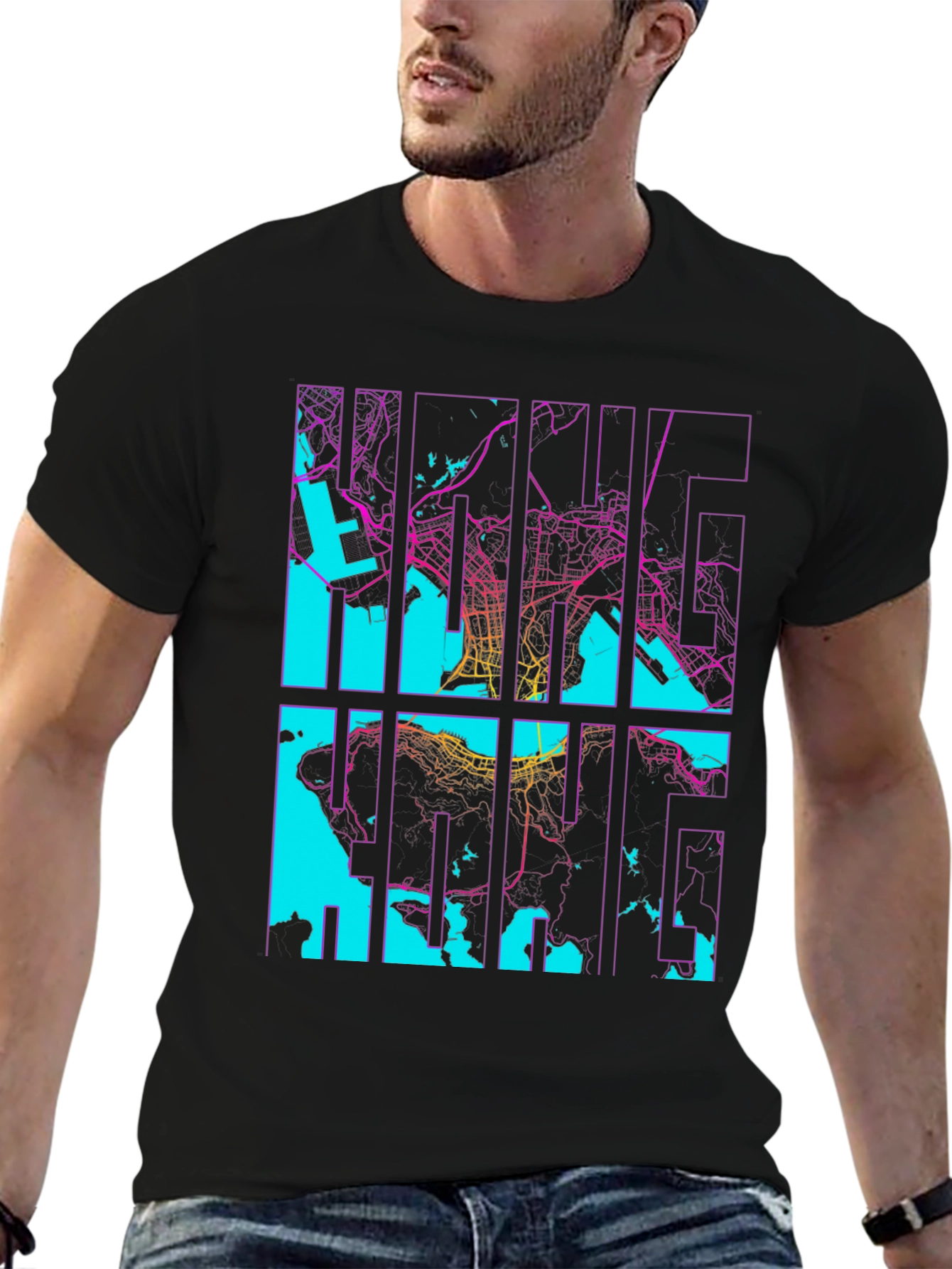 Black Hong Kong Map Graphic Tee - Stylish Cityscape T-Shirt view 6