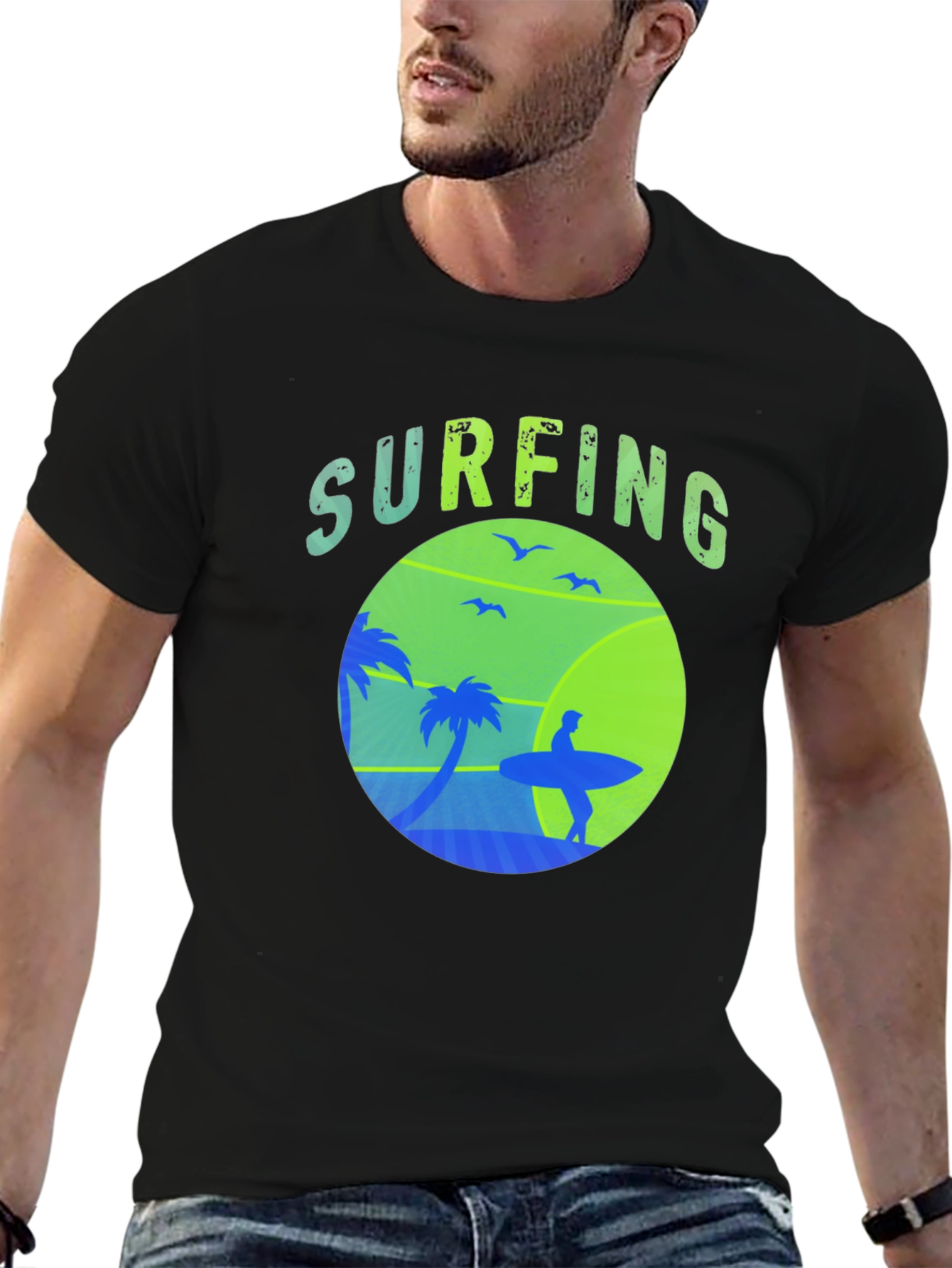 Black Surfing Graphic Tee - Black Crew Neck view 6