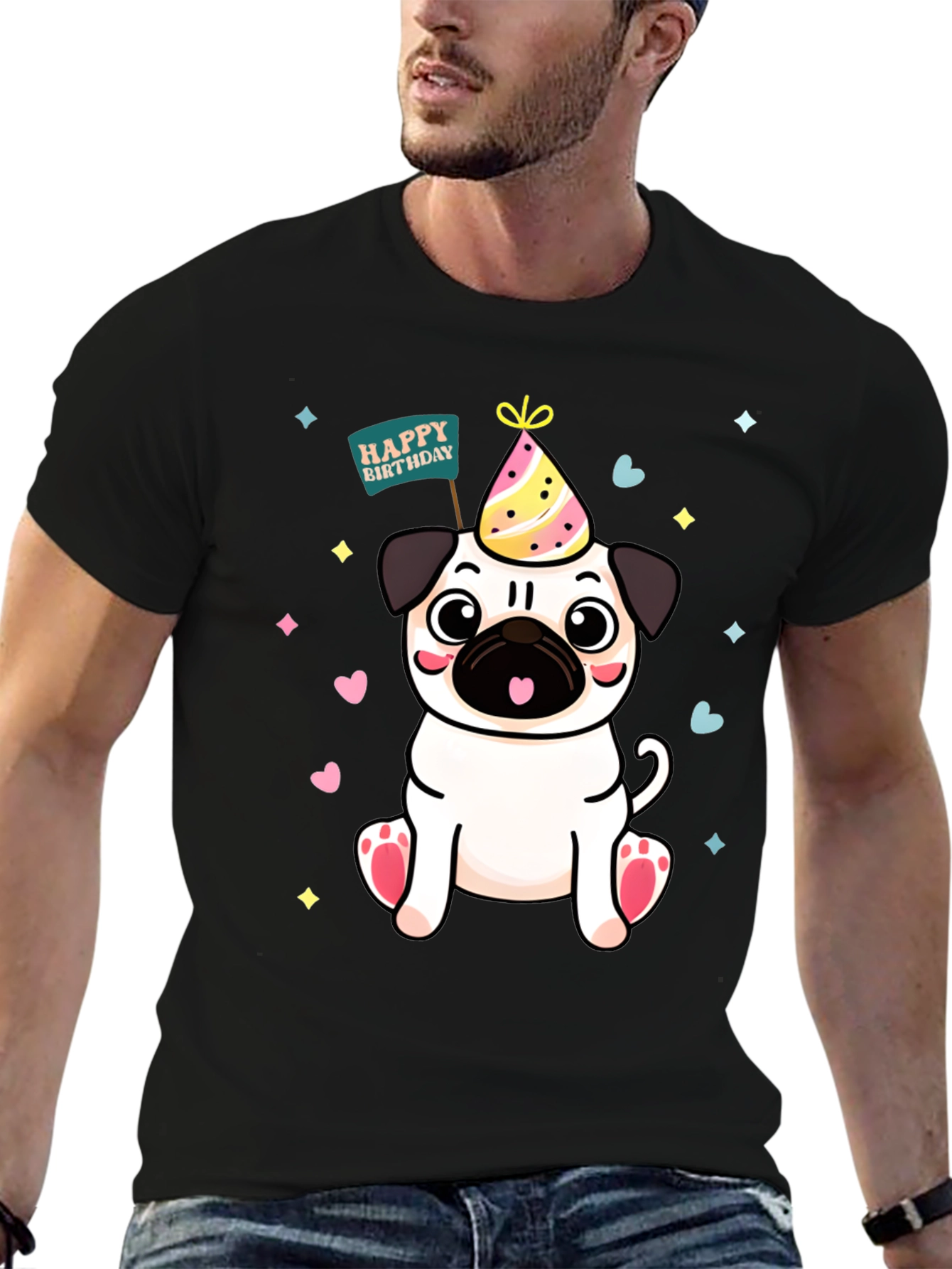 Black Cute Pug Birthday T-Shirt view 6
