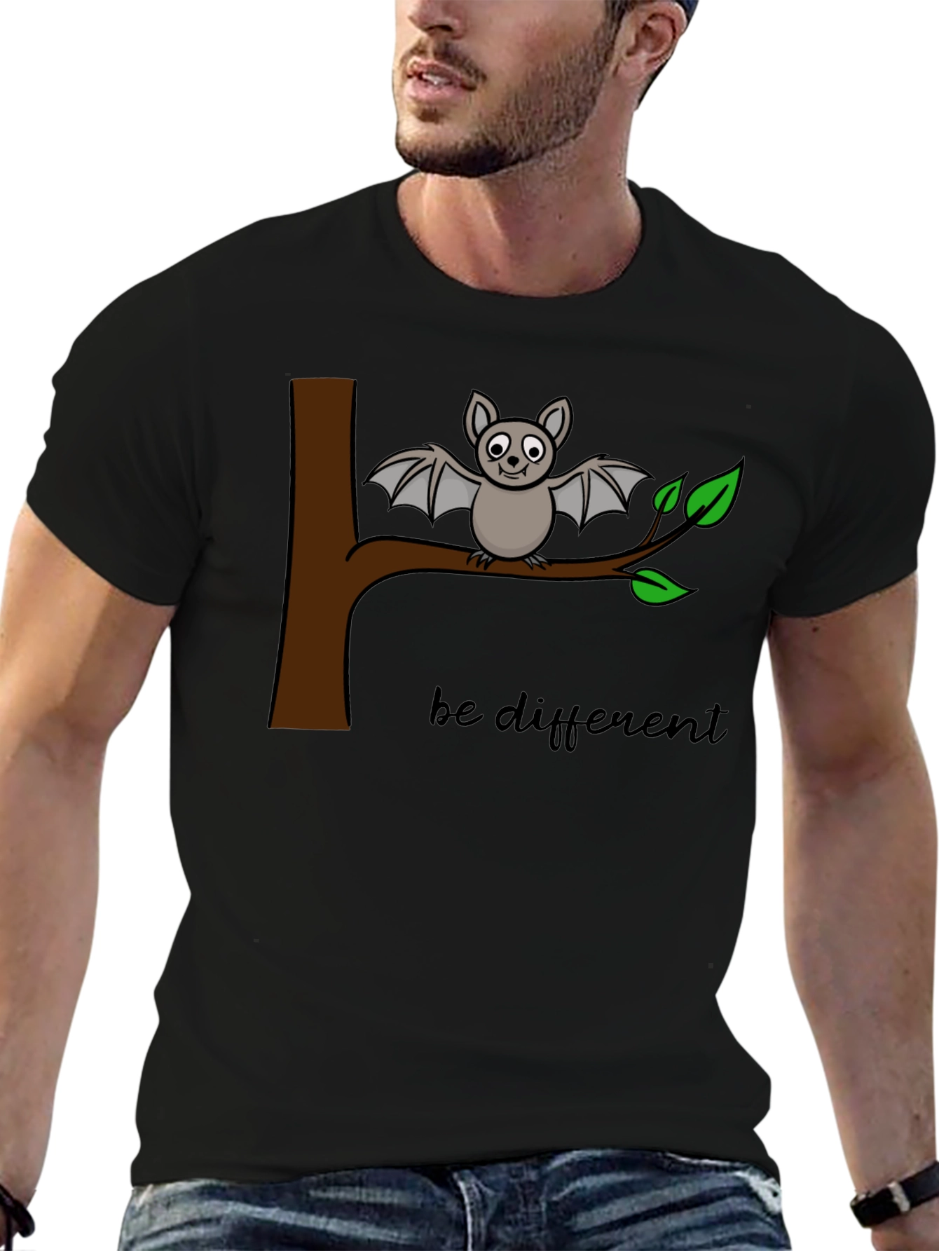 Black Be Different Bat Graphic Tee - Black Cotton Casual Shirt view 6