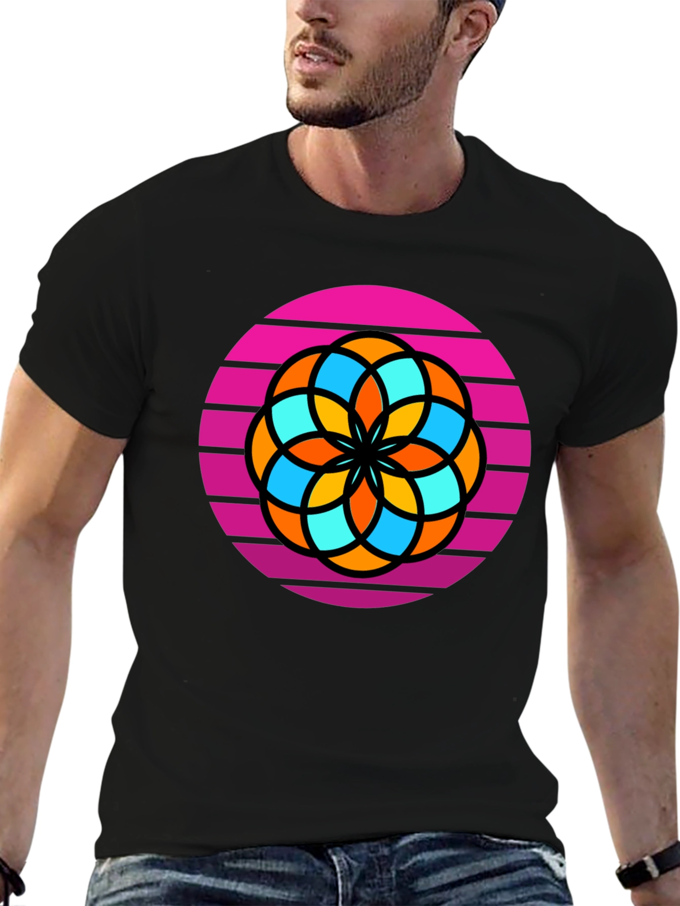 Black Retro Flower Graphic Tee - Men's Black T-Shirt view 6
