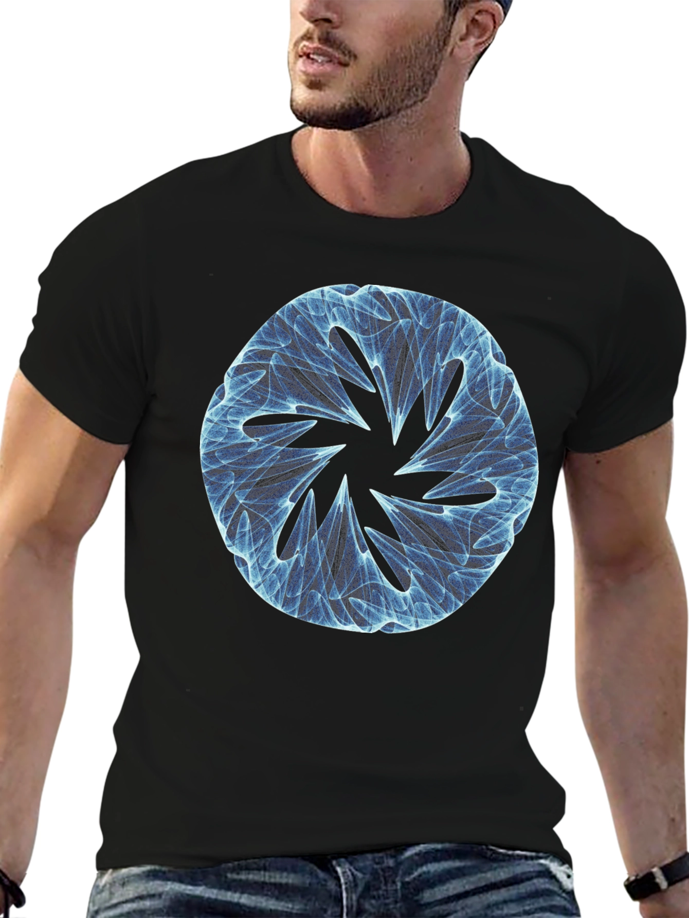 Black Abstract Blue Circular Design Black T-Shirt view 6